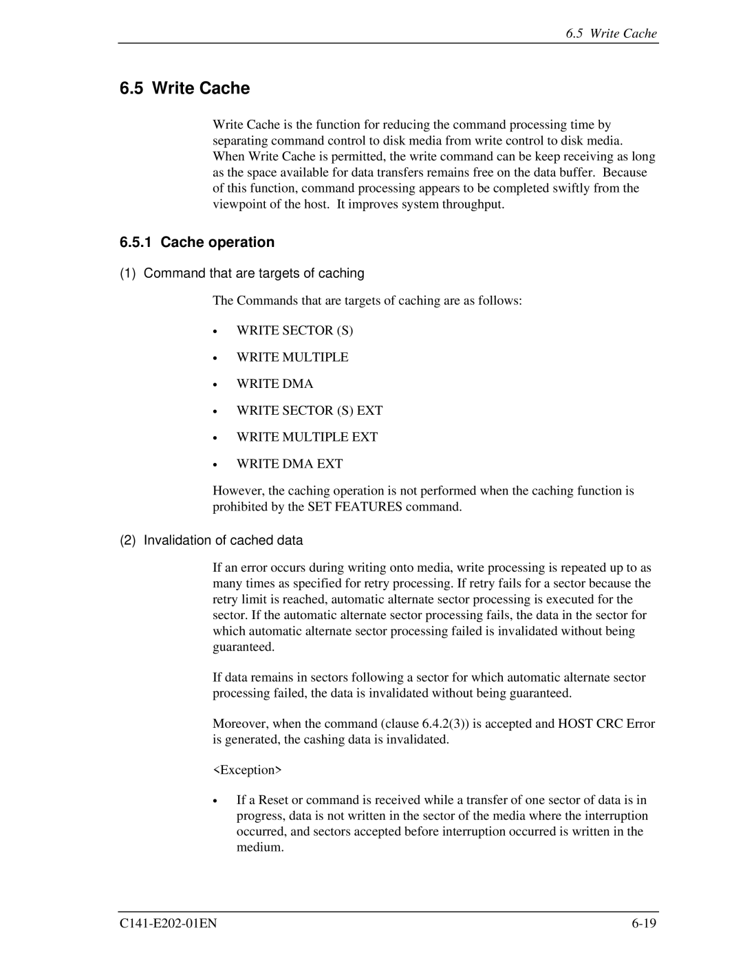 Fujitsu MHU2100AT manual Write Cache, Cache operation, Command that are targets of caching, Invalidation of cached data 