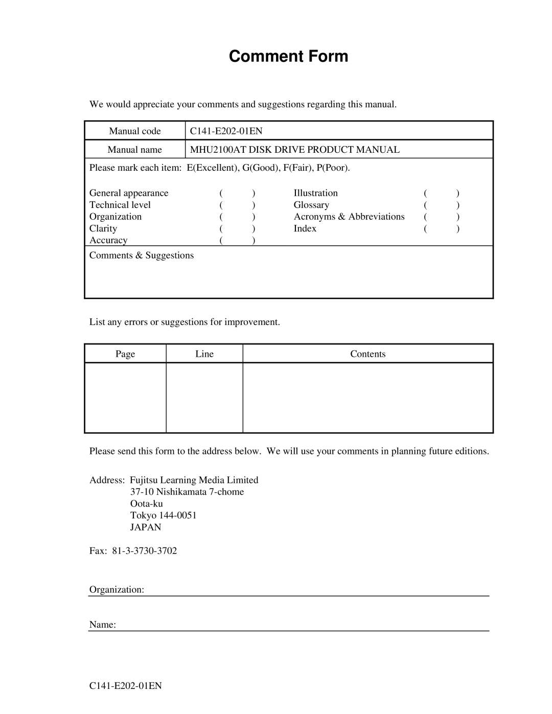 Fujitsu MHU2100AT manual Comment Form, Japan 