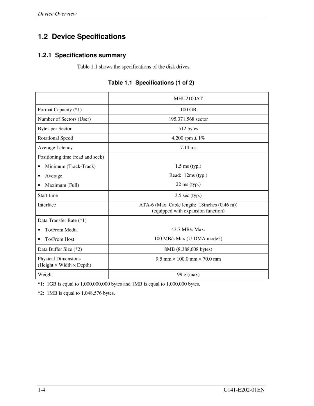 Fujitsu MHU2100AT manual Device Specifications, Specifications summary, Specifications 1 