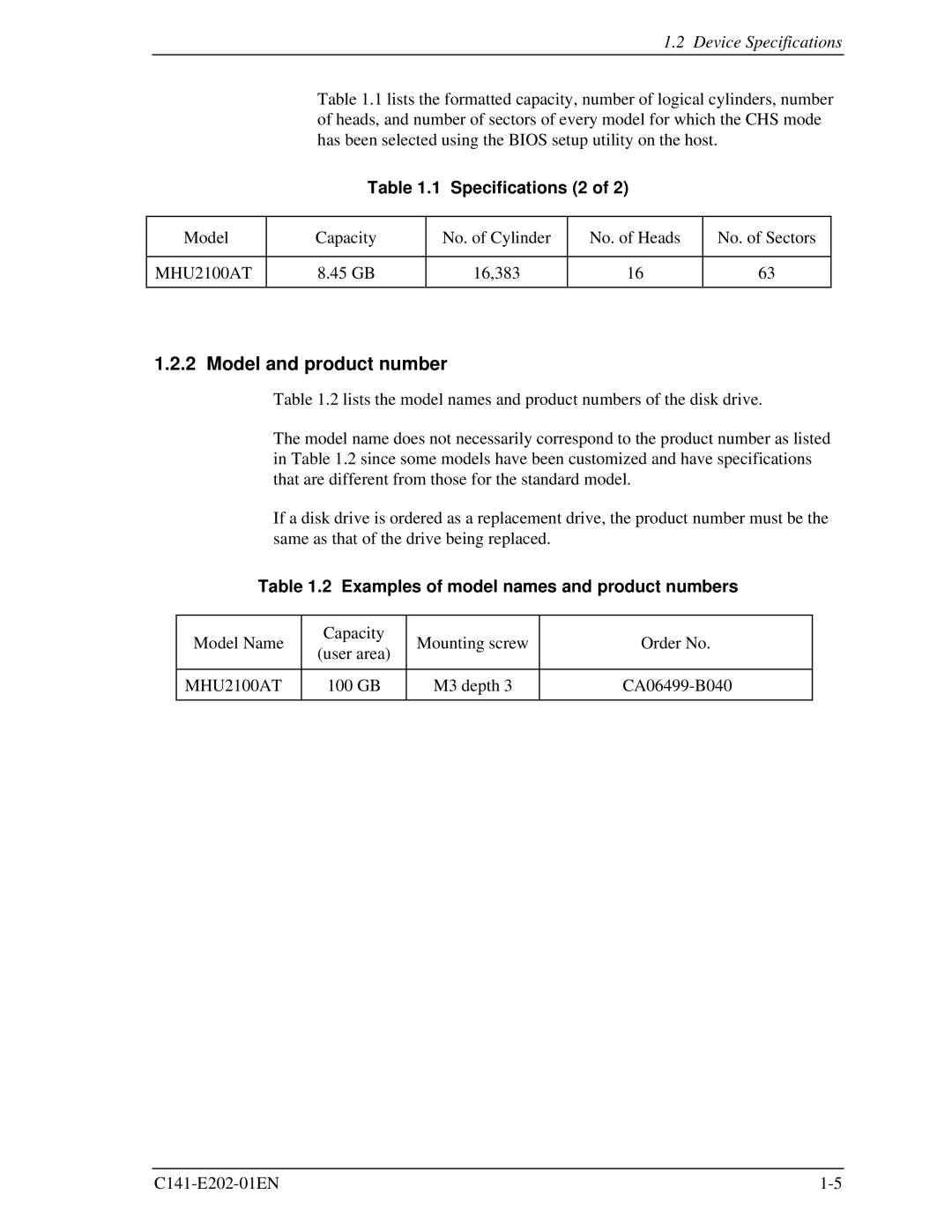 Fujitsu MHU2100AT manual Model and product number, Specifications 2, Examples of model names and product numbers 