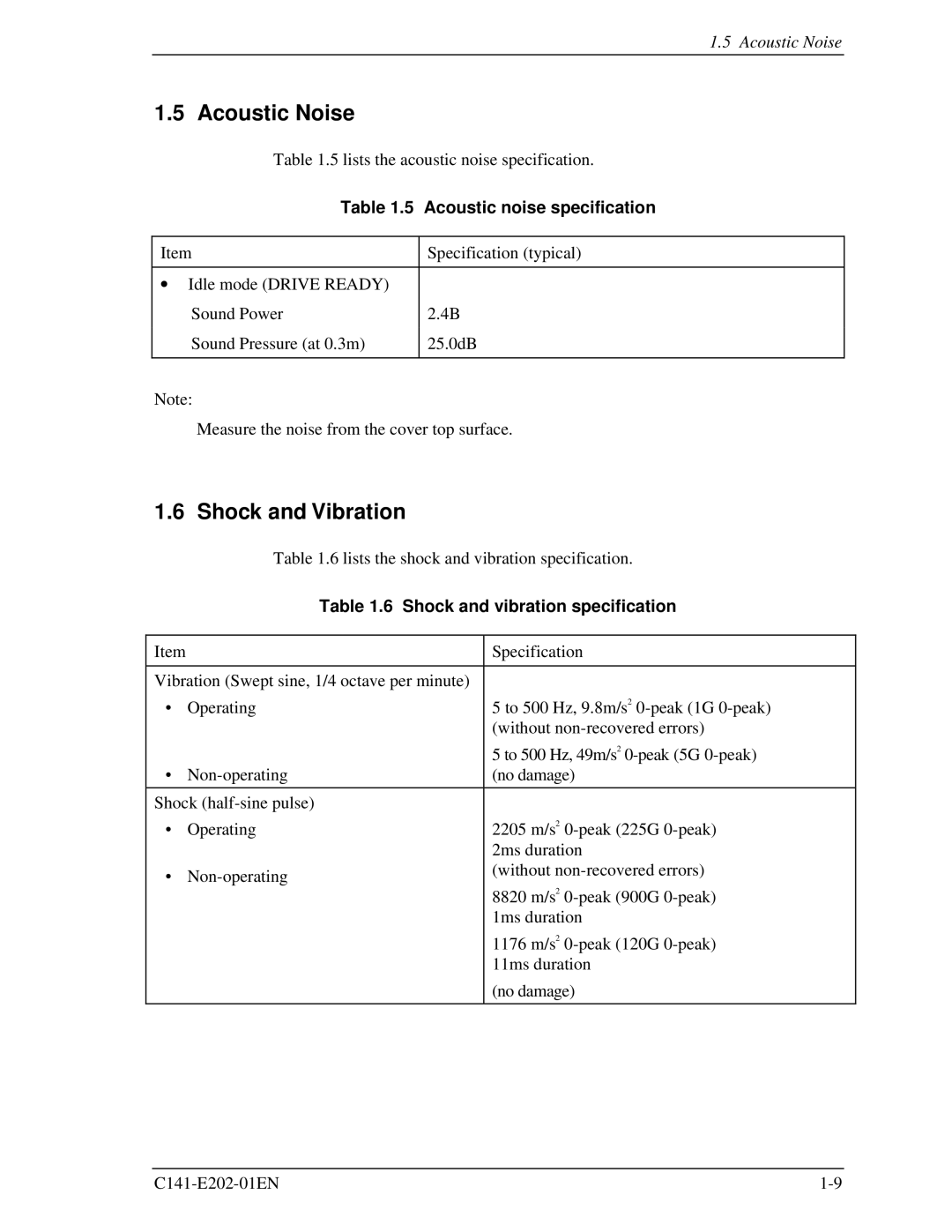 Fujitsu MHU2100AT Acoustic Noise, Shock and Vibration, Acoustic noise specification, Shock and vibration specification 