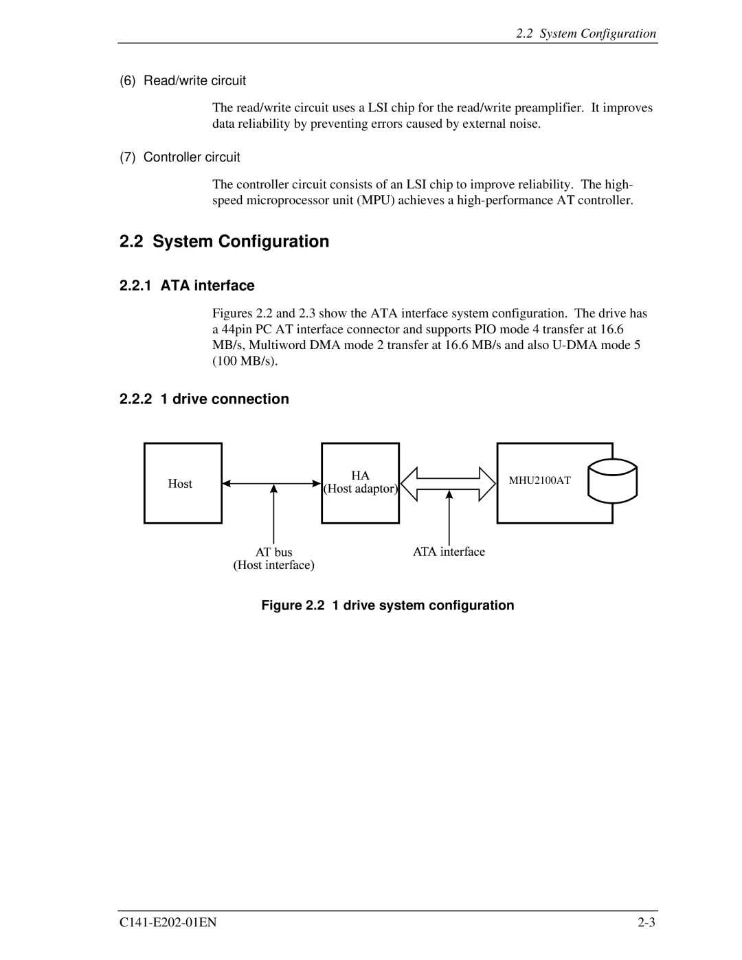 Fujitsu MHU2100AT manual System Configuration, ATA interface, 2 1 drive connection, Read/write circuit, Controller circuit 