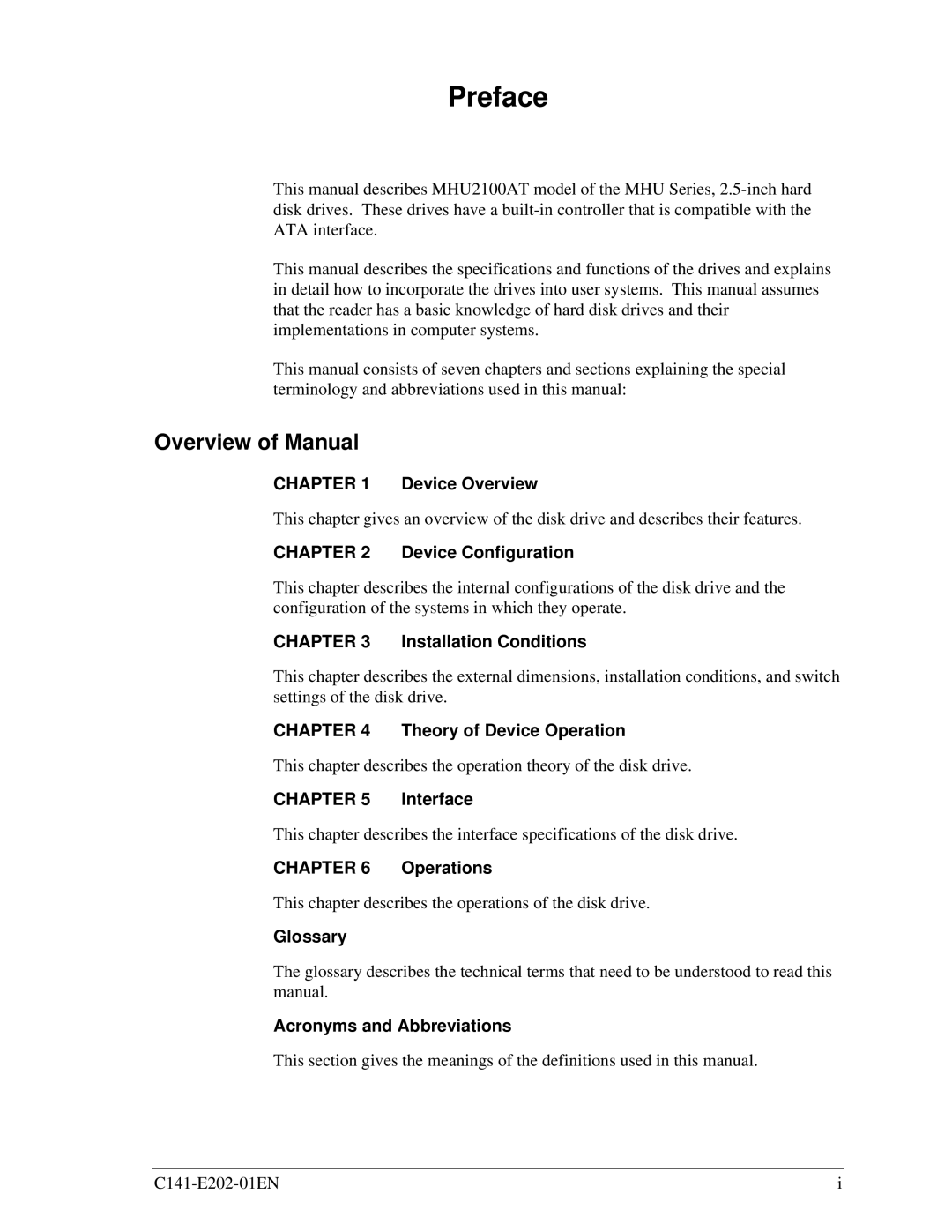 Fujitsu MHU2100AT manual Preface, Overview of Manual 