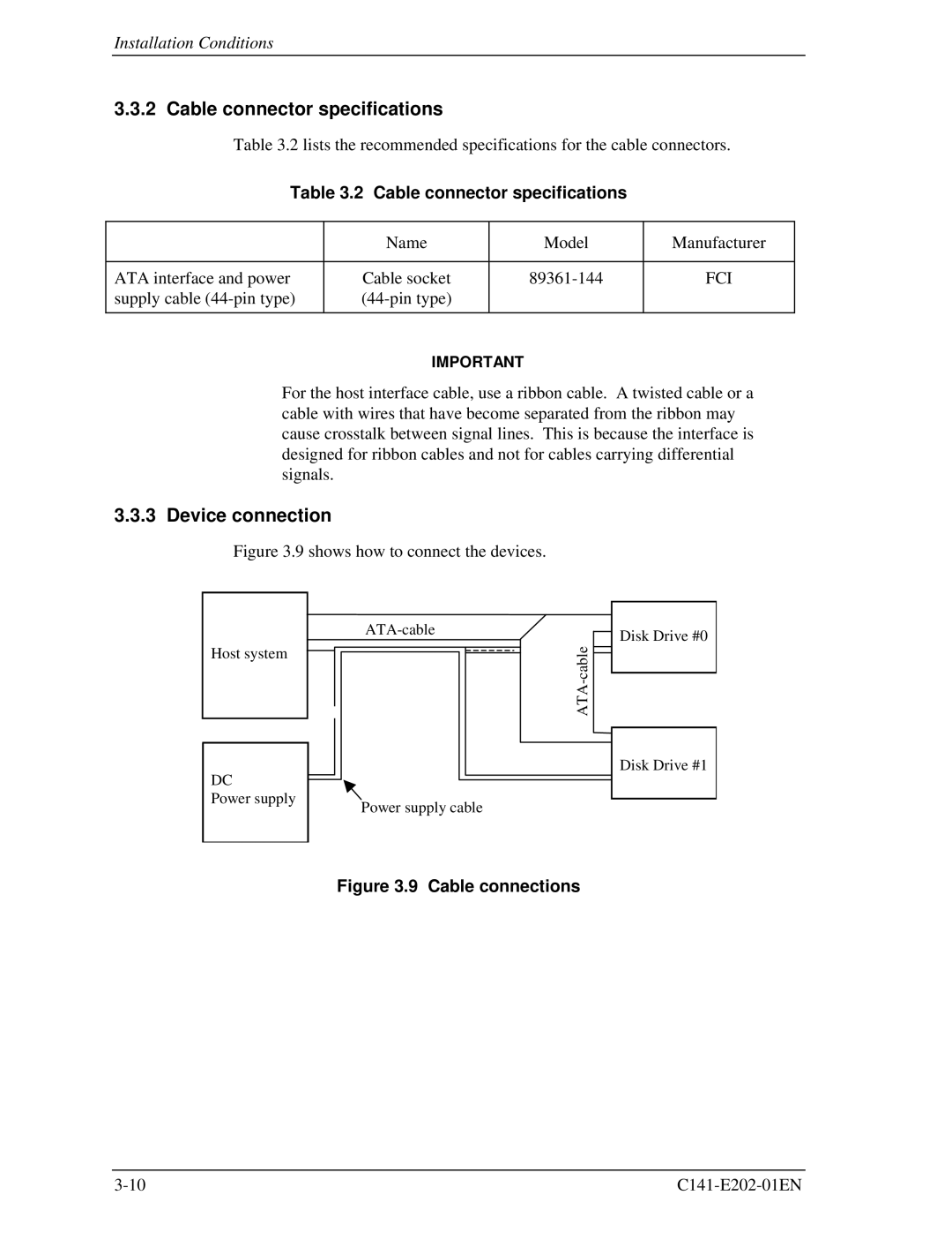 Fujitsu MHU2100AT manual Cable connector specifications, Device connection, Fci 