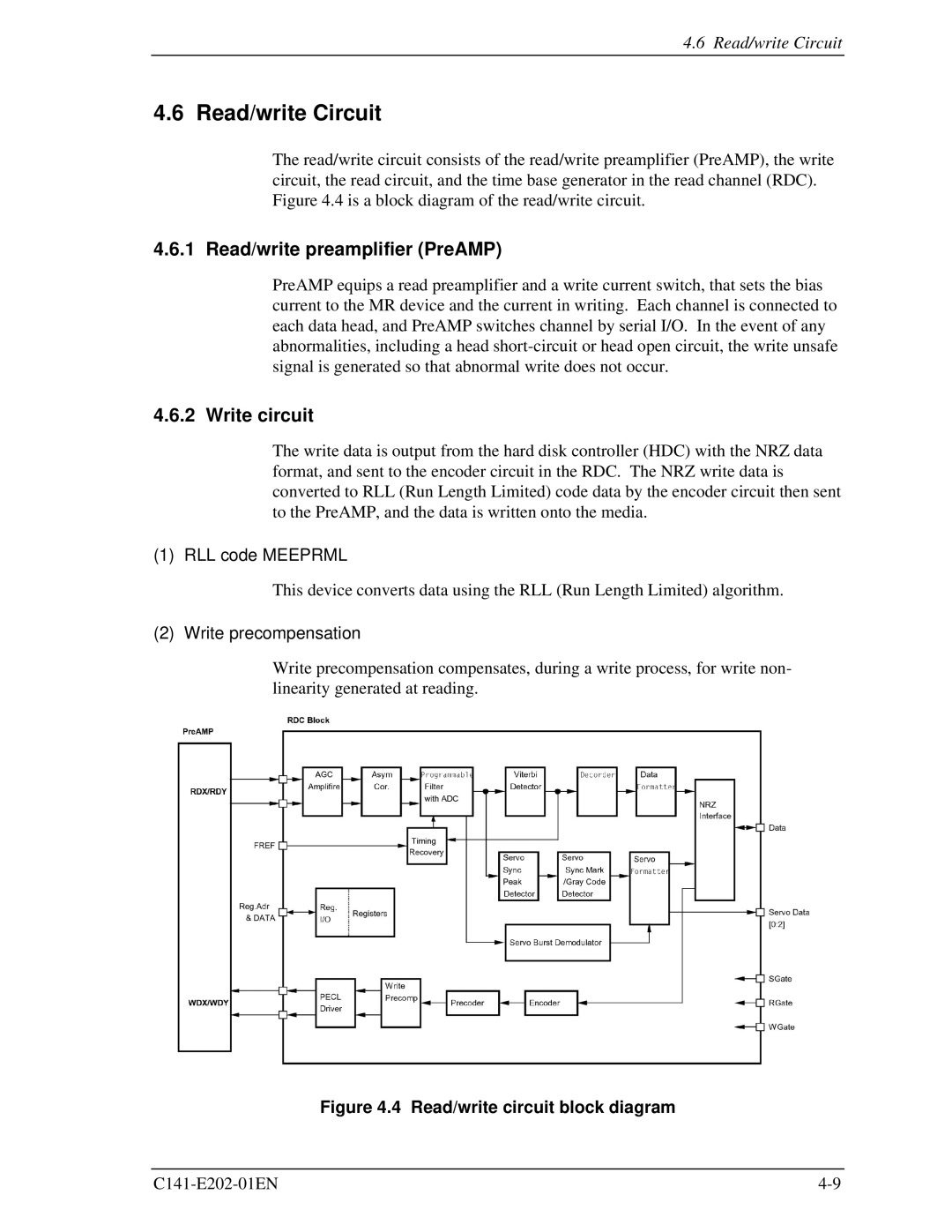 Fujitsu MHU2100AT manual Read/write Circuit, Read/write preamplifier PreAMP, Write circuit, RLL code Meeprml 