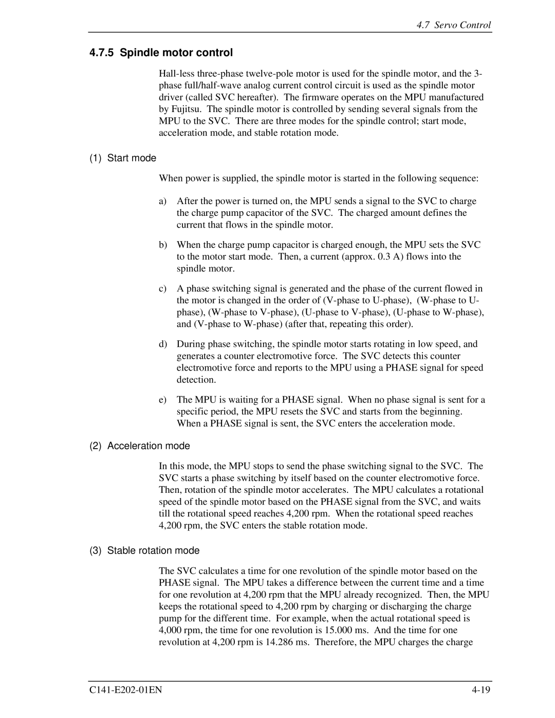 Fujitsu MHU2100AT manual Spindle motor control, Start mode, Acceleration mode, Stable rotation mode 