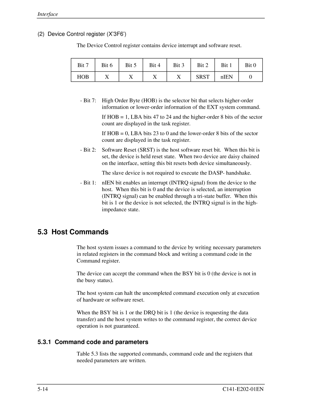 Fujitsu MHU2100AT manual Host Commands, Command code and parameters, Device Control register X’3F6’, HOB Srst 