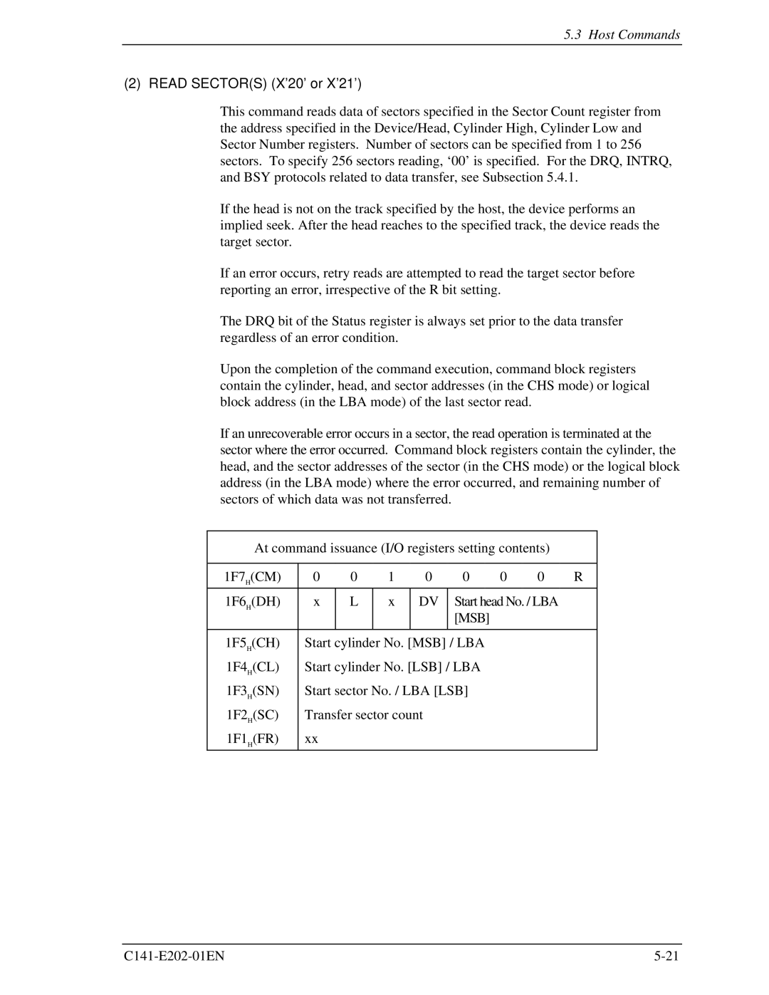 Fujitsu MHU2100AT manual Read Sectors X’20’ or X’21’, Msb 