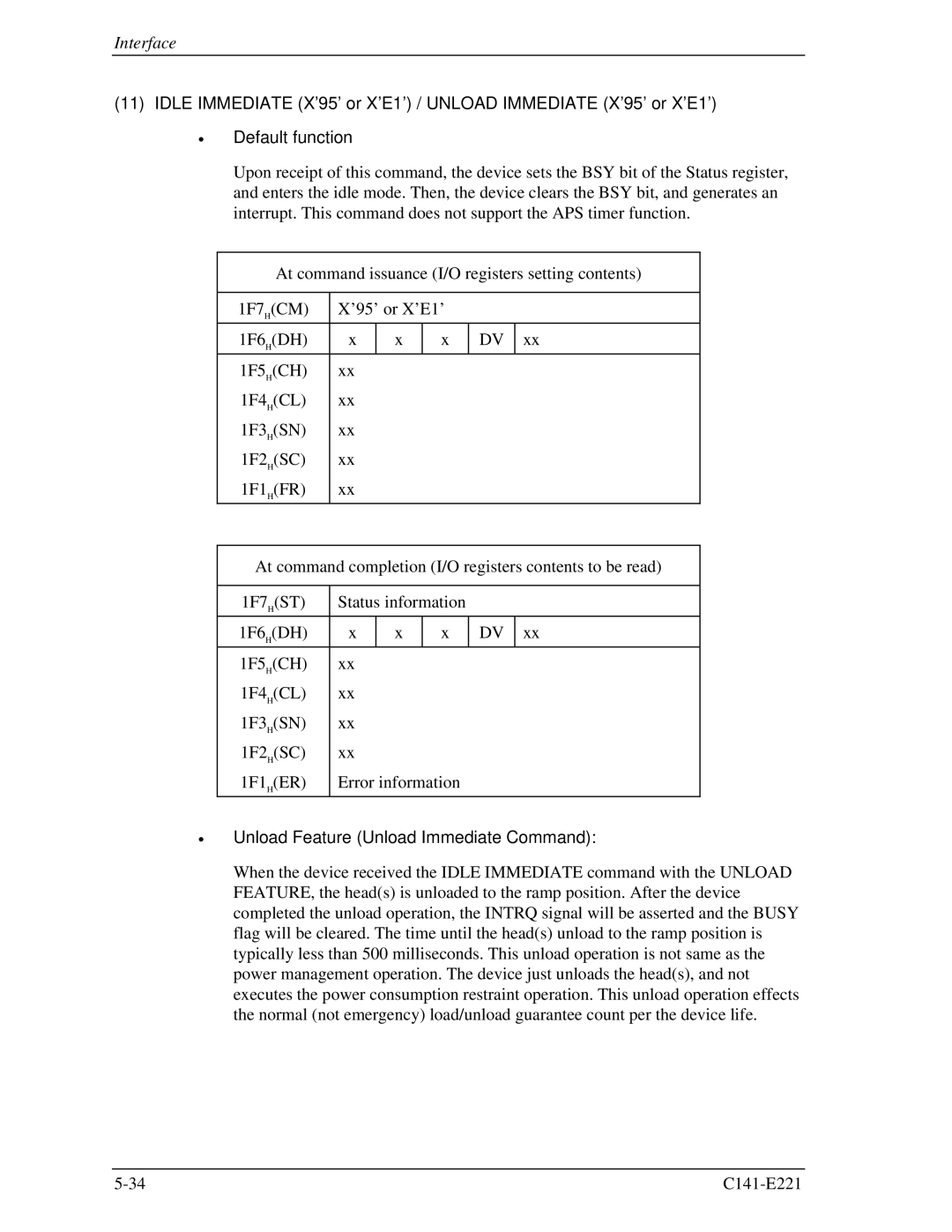 Fujitsu MHV2040AS, MHV2080AS, MHV2060AS manual Unload Feature Unload Immediate Command 