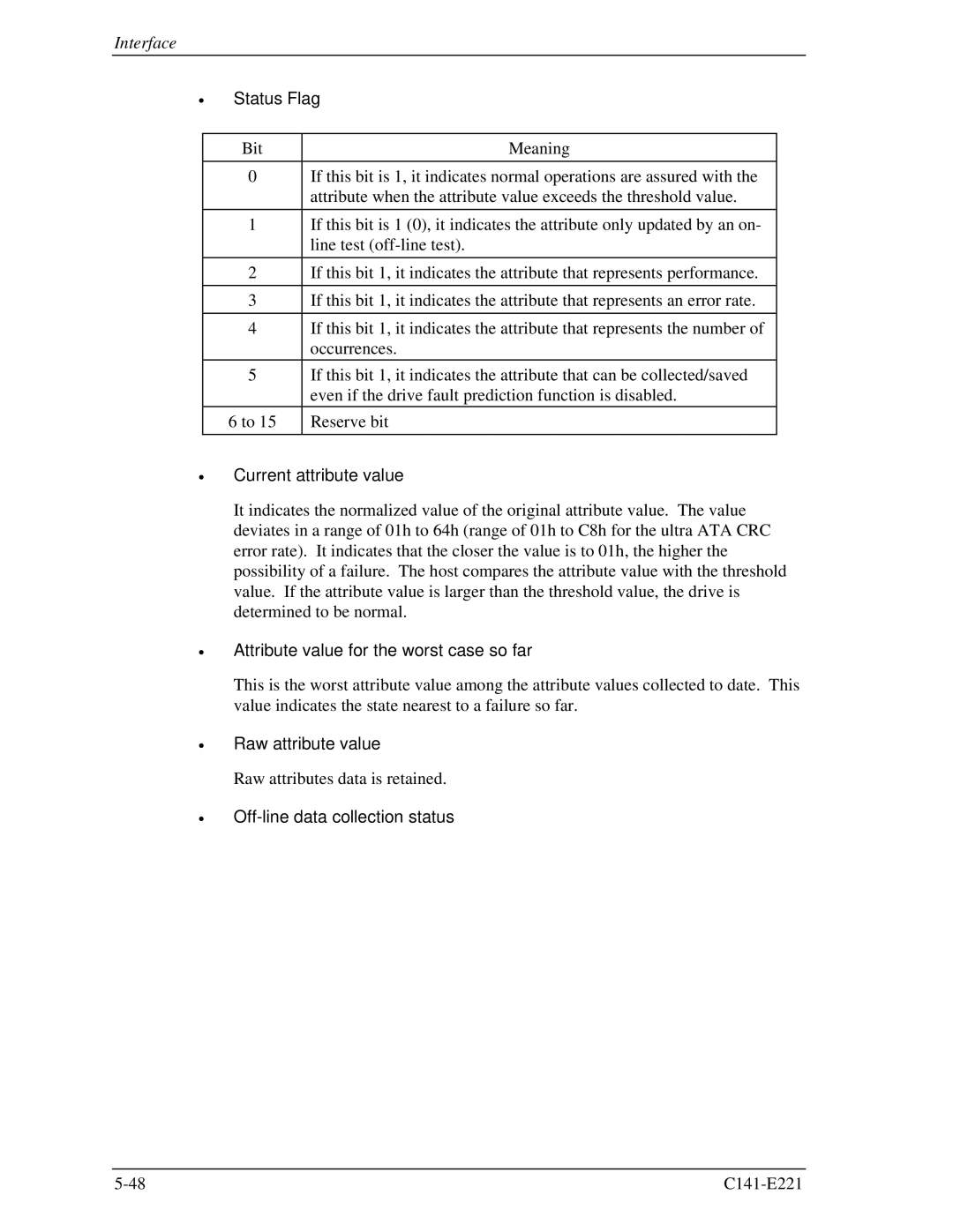 Fujitsu MHV2060AS Status Flag, Current attribute value, Attribute value for the worst case so far, Raw attribute value 