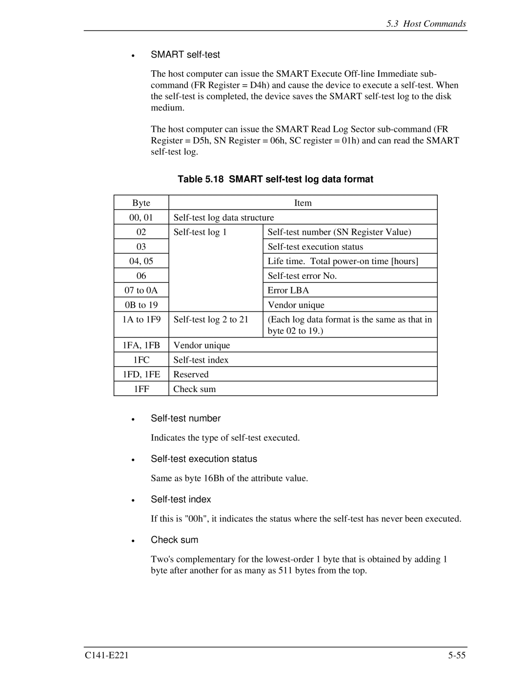 Fujitsu MHV2040AS, MHV2080AS, MHV2060AS manual Smart self-test log data format, 1FC, Self-test number, Self-test index 