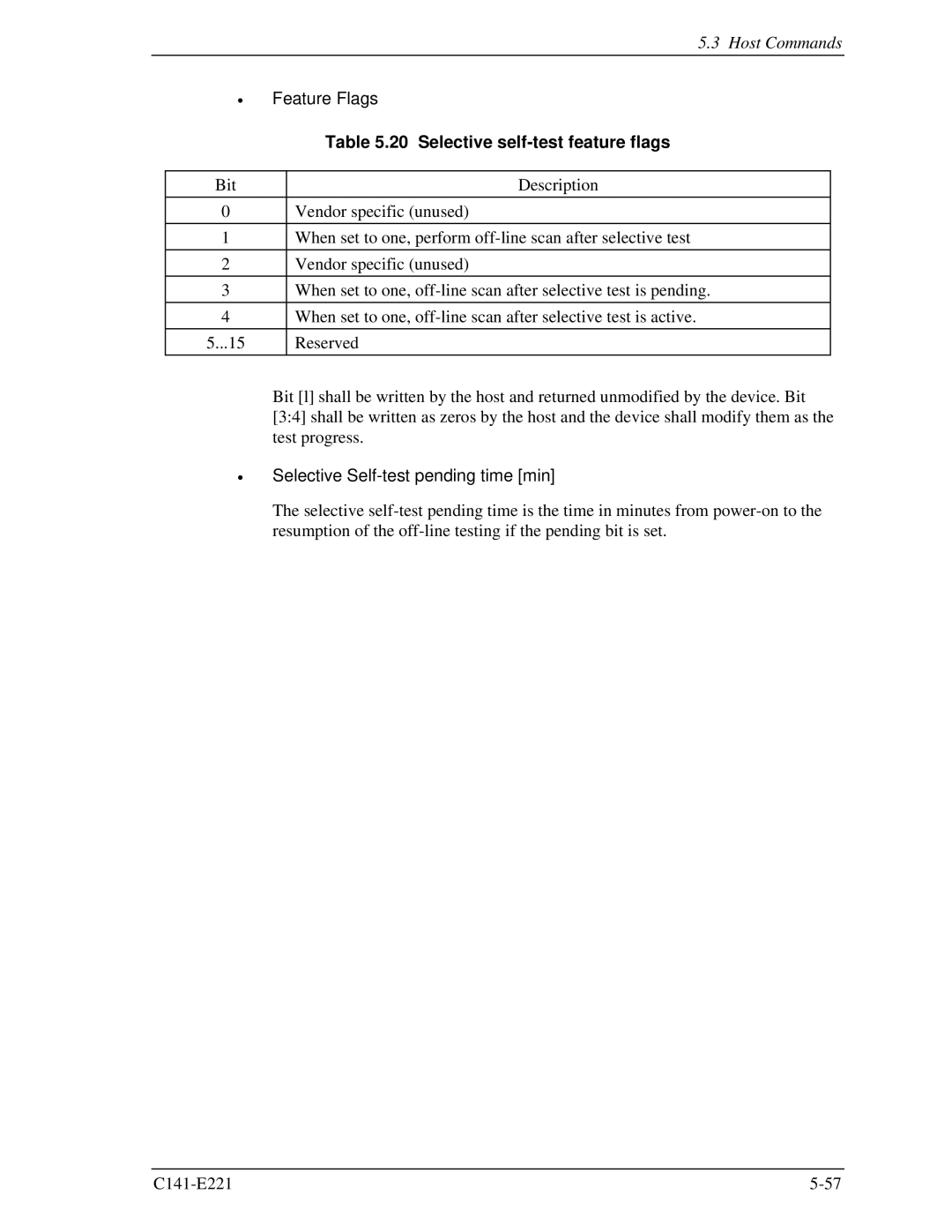 Fujitsu MHV2060AS, MHV2080AS manual Feature Flags, Selective self-test feature flags, Selective Self-test pending time min 