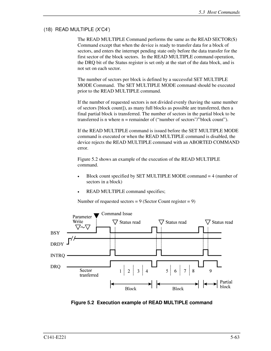 Fujitsu MHV2060AS, MHV2080AS, MHV2040AS manual Read Multiple X’C4’, Execution example of Read Multiple command 