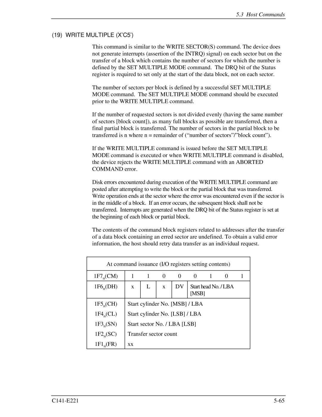 Fujitsu MHV2080AS, MHV2060AS, MHV2040AS manual Write Multiple X’C5’ 