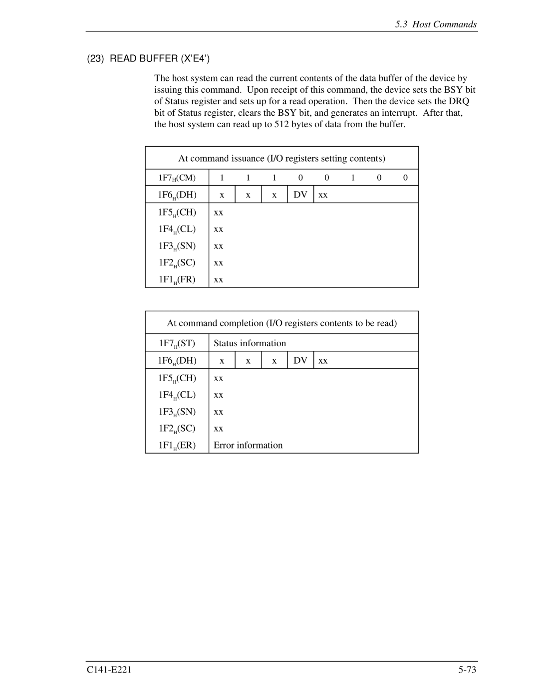 Fujitsu MHV2040AS, MHV2080AS, MHV2060AS manual Read Buffer X’E4’ 