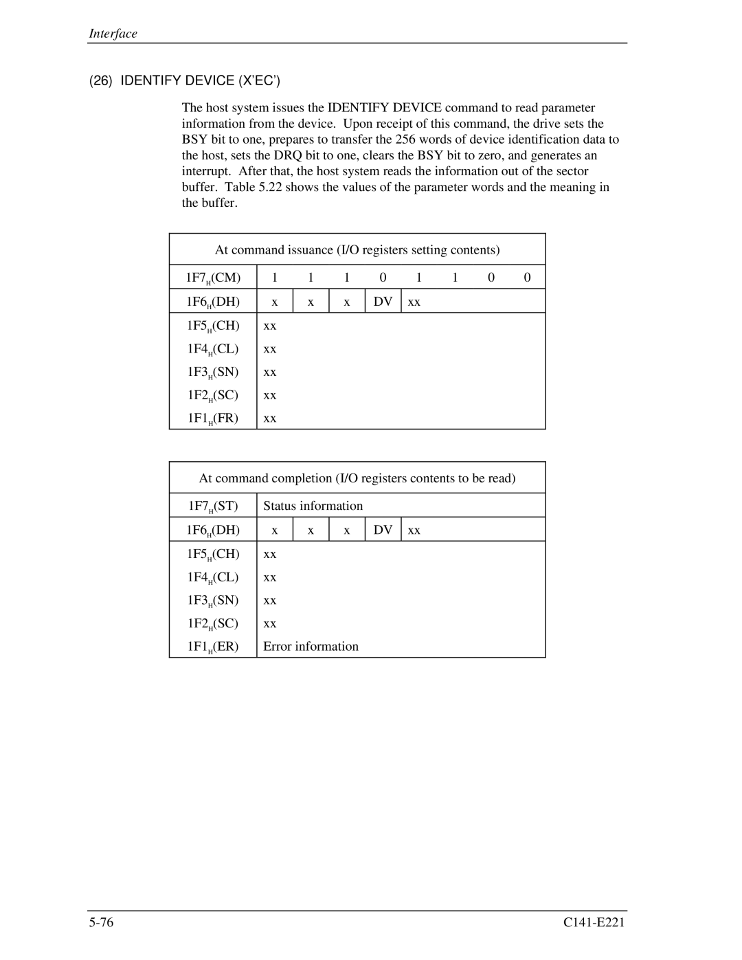 Fujitsu MHV2040AS, MHV2080AS, MHV2060AS manual Identify Device X’EC’ 