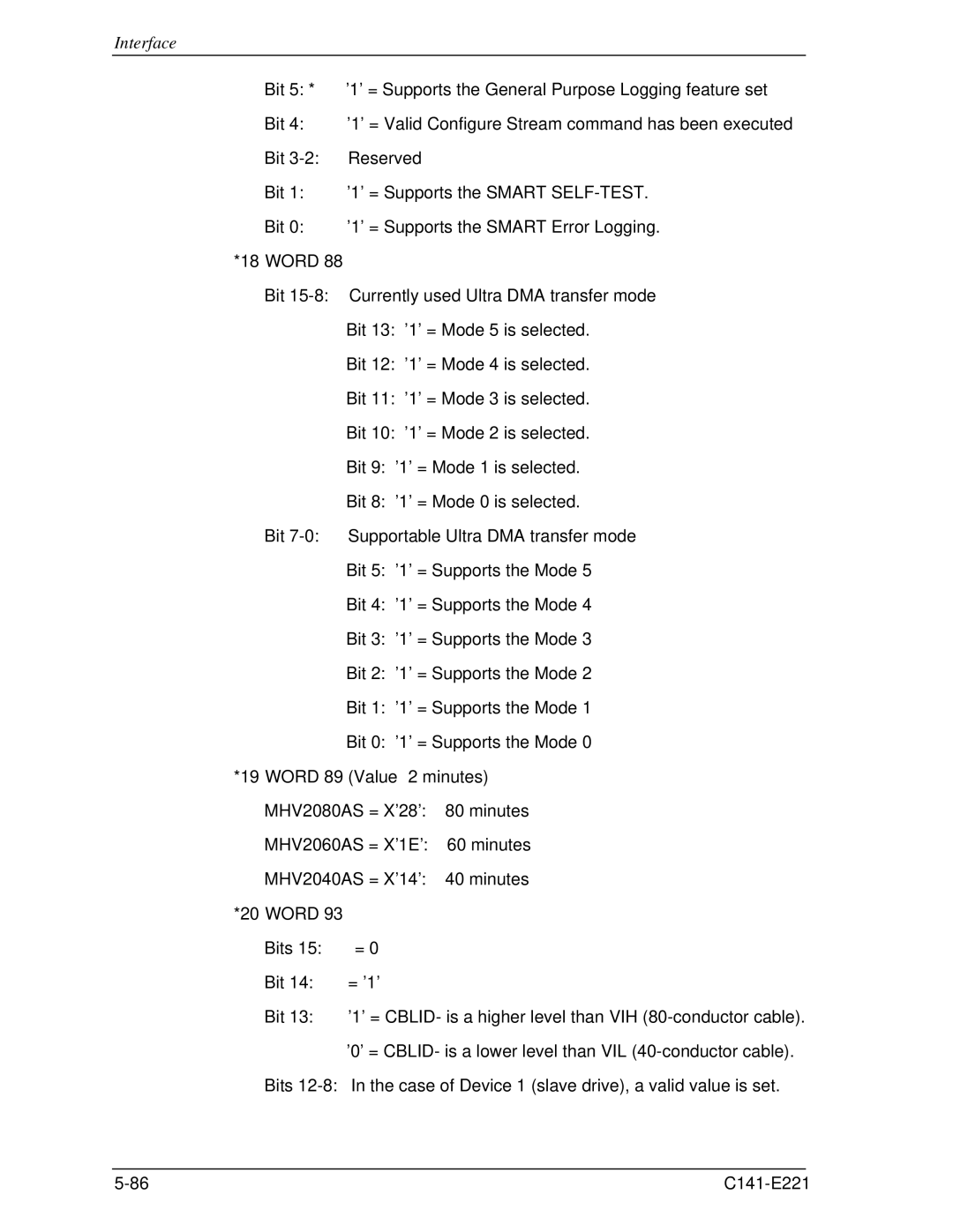 Fujitsu MHV2080AS, MHV2060AS, MHV2040AS manual Interface 