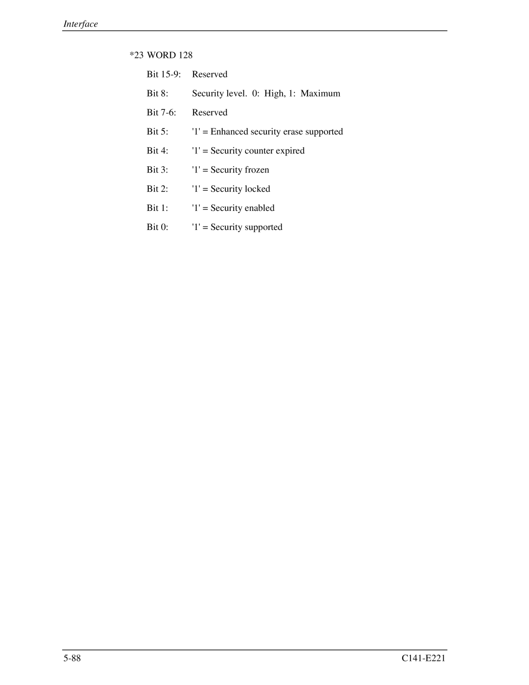 Fujitsu MHV2040AS, MHV2080AS, MHV2060AS manual Word Bit Reserved Security level High, 1 Maximum 