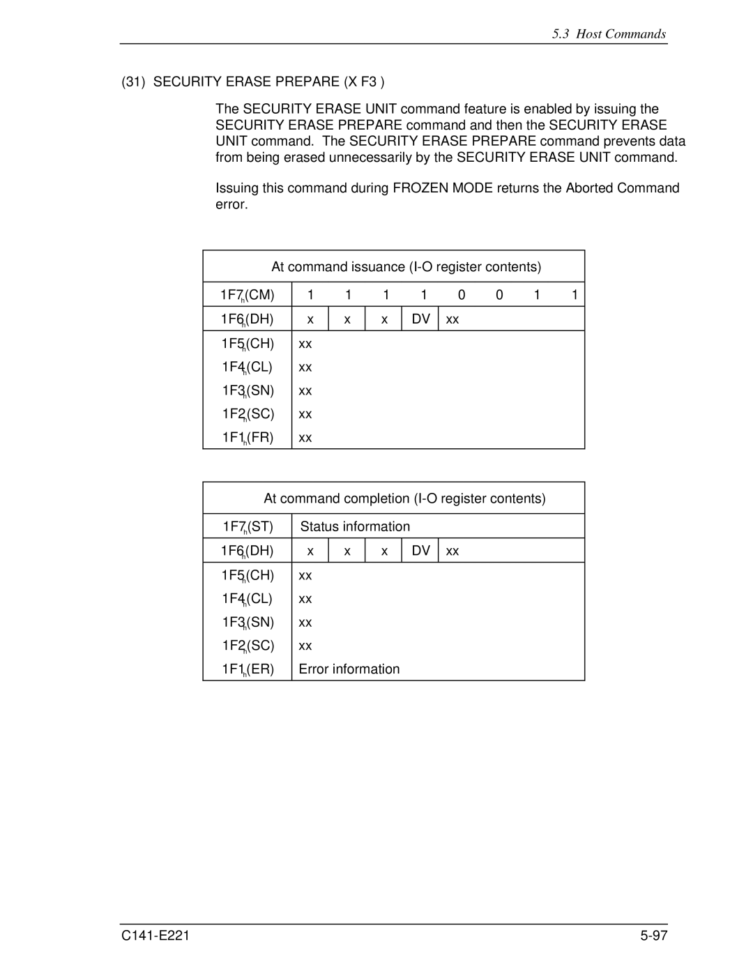 Fujitsu MHV2040AS, MHV2080AS, MHV2060AS manual Security Erase Prepare X’F3’ 