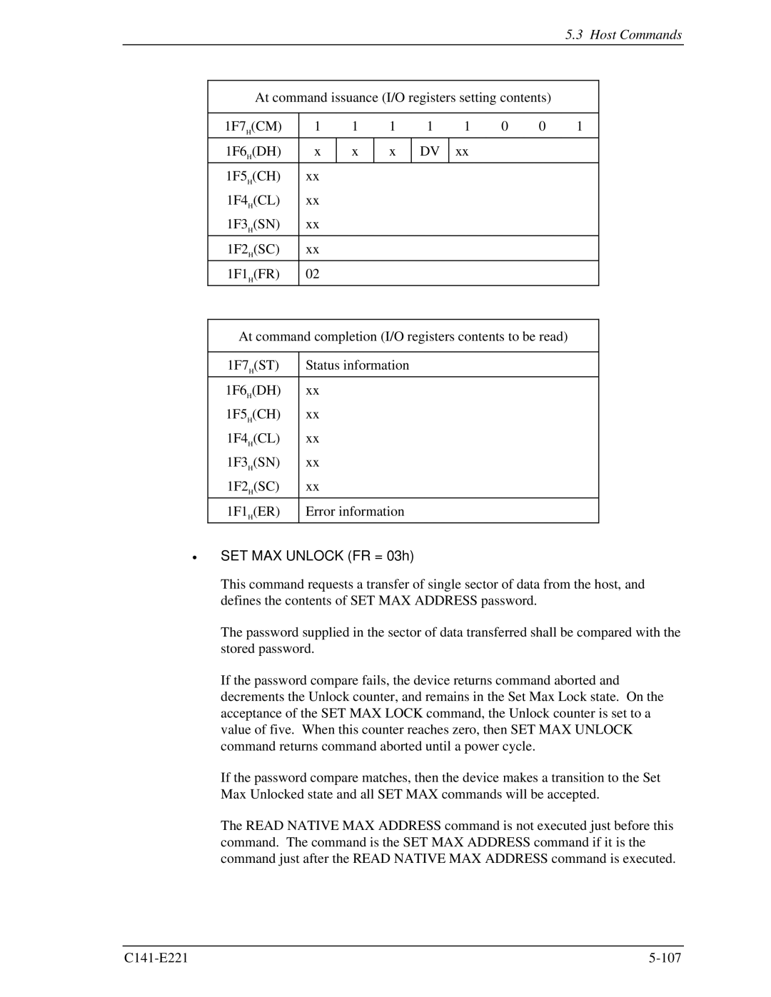 Fujitsu MHV2080AS, MHV2060AS, MHV2040AS manual SET MAX Unlock FR = 03h 