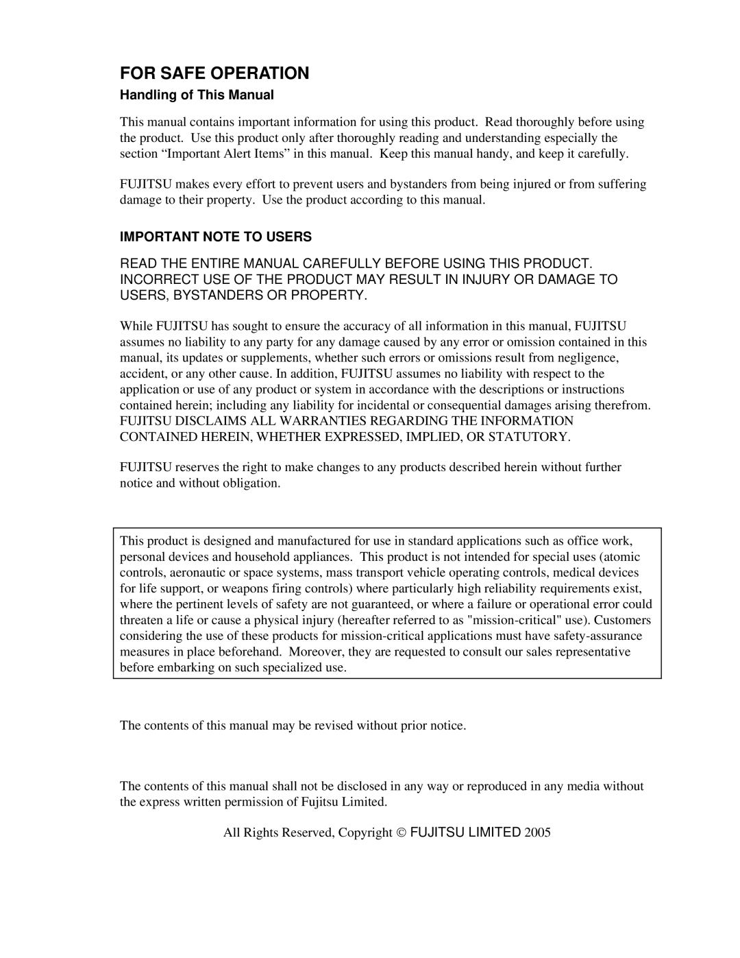 Fujitsu MHV2040AS, MHV2080AS, MHV2060AS manual For Safe Operation, Handling of This Manual 