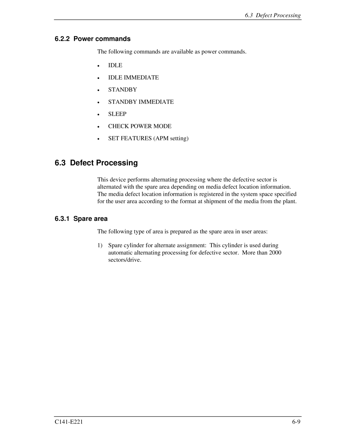 Fujitsu MHV2080AS, MHV2060AS, MHV2040AS manual Defect Processing, Power commands, Spare area 