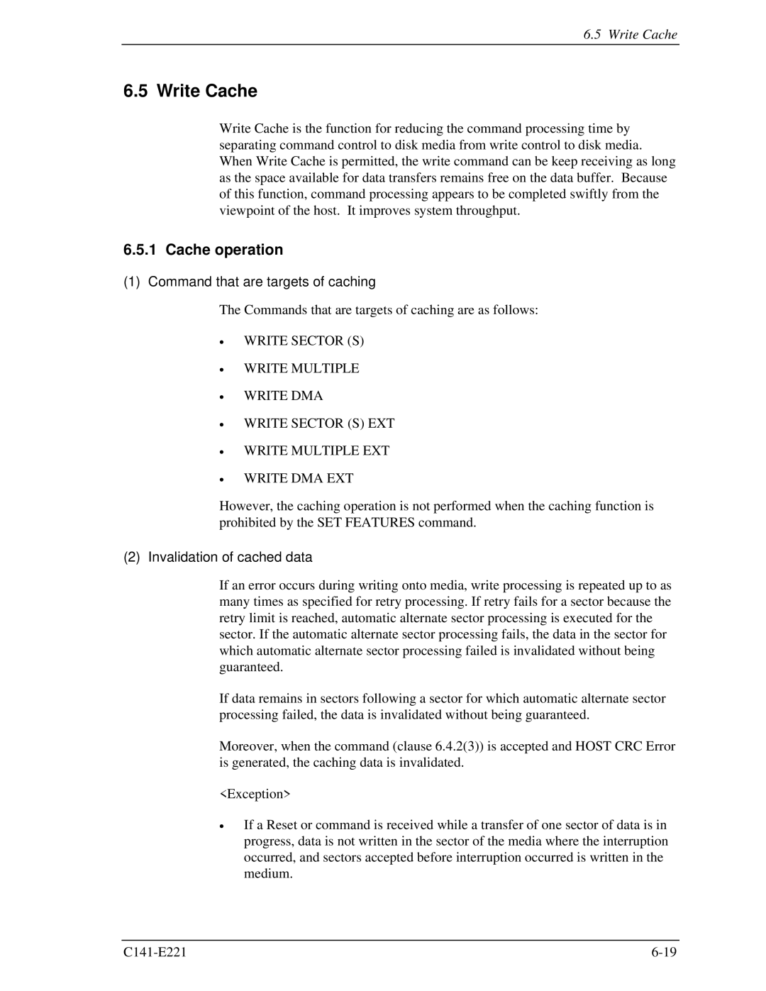 Fujitsu MHV2060AS manual Write Cache, Cache operation, Command that are targets of caching, Invalidation of cached data 