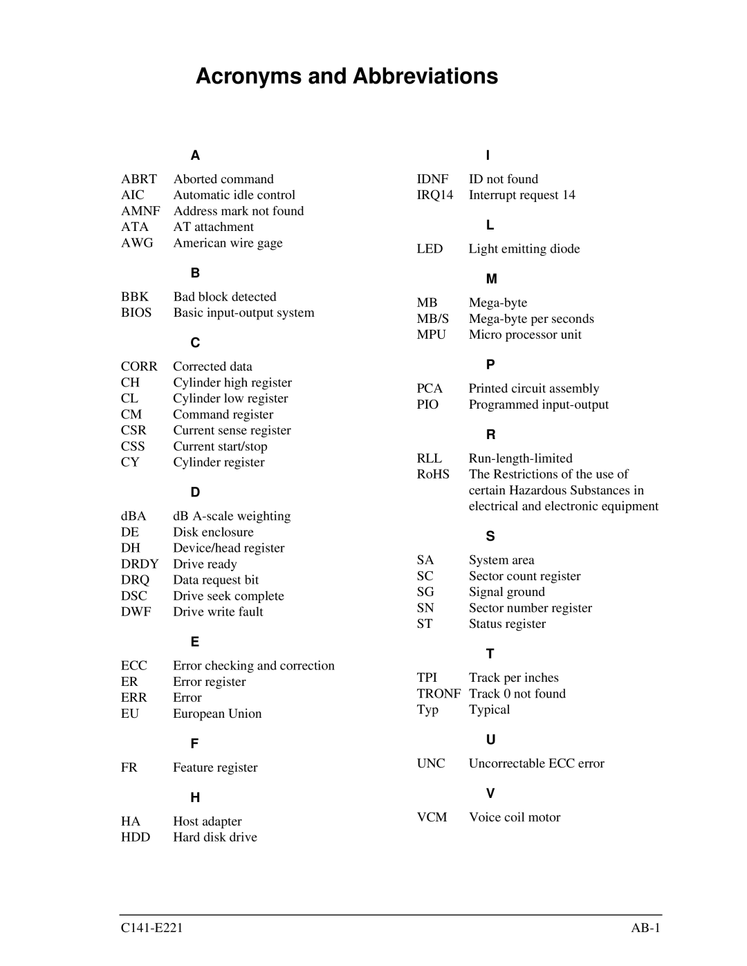 Fujitsu MHV2080AS, MHV2060AS, MHV2040AS manual Acronyms and Abbreviations 