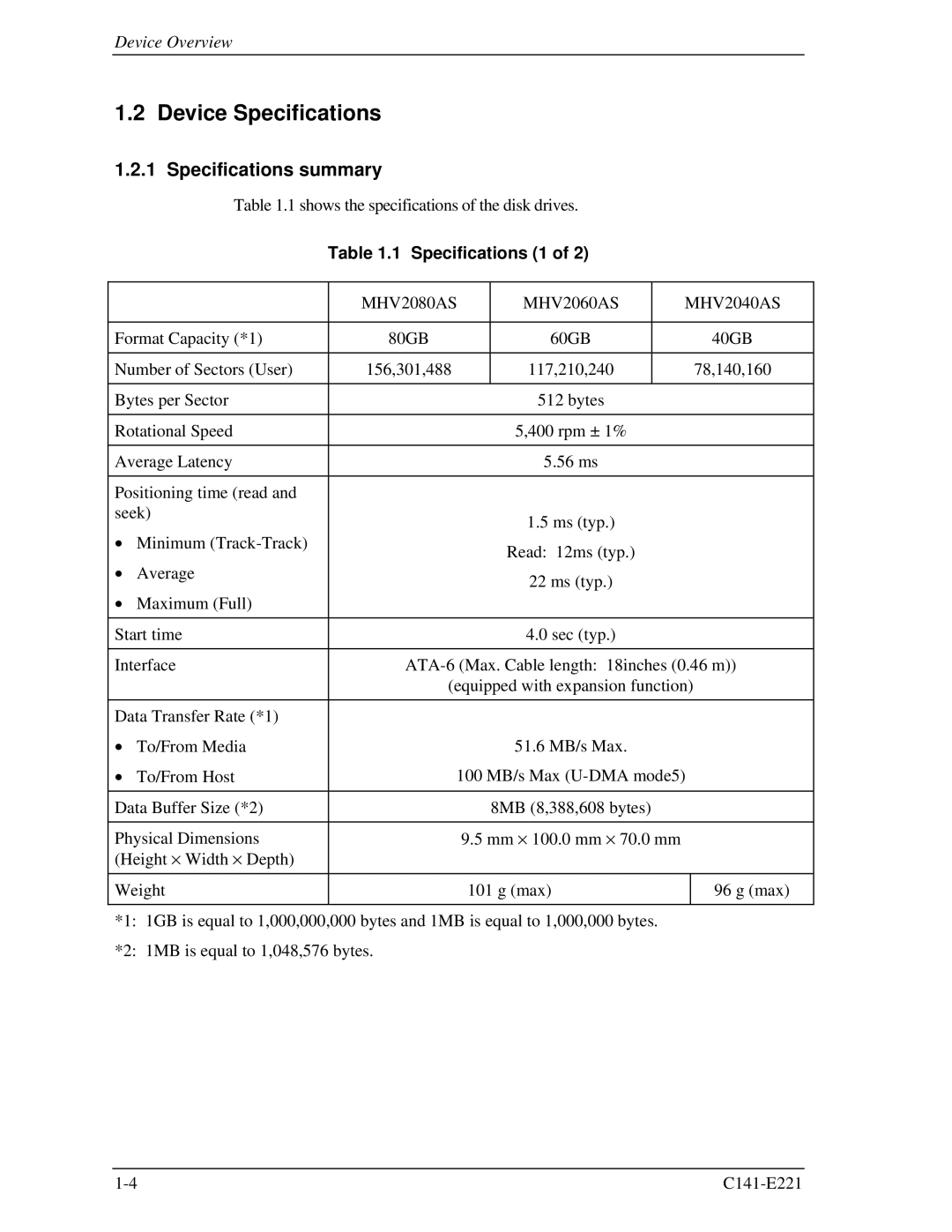 Fujitsu manual Device Specifications, Specifications summary, Specifications 1, MHV2080AS MHV2060AS MHV2040AS 