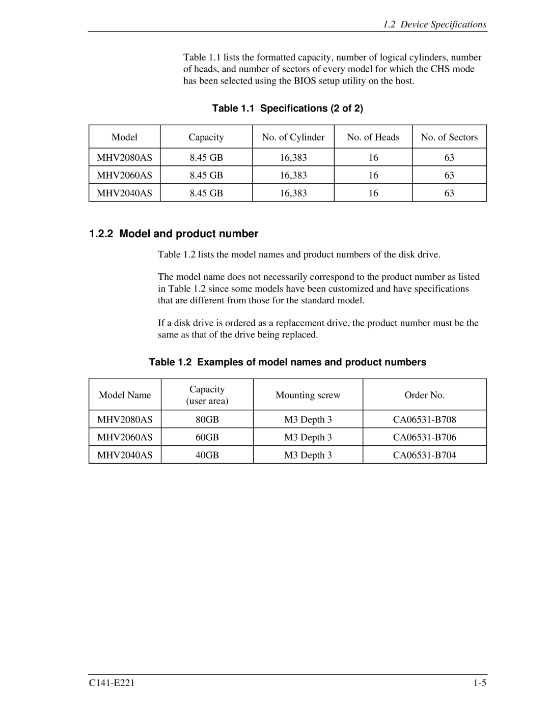 Fujitsu MHV2040AS, MHV2080AS, MHV2060AS manual Model and product number, Examples of model names and product numbers 