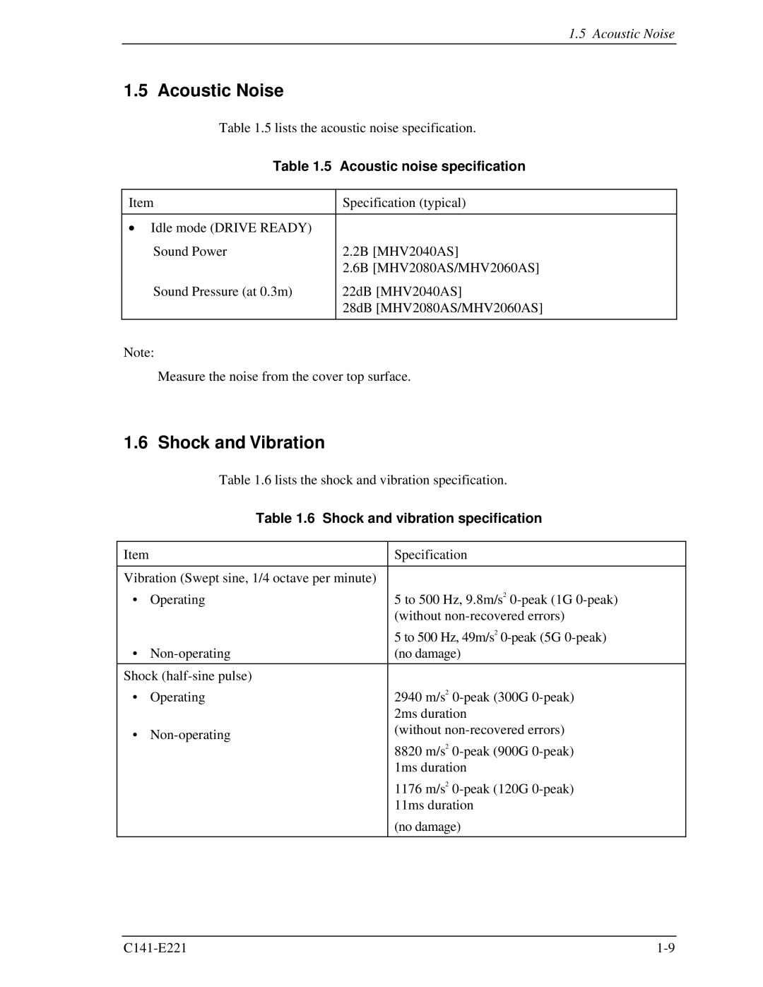 Fujitsu MHV2080AS Acoustic Noise, Shock and Vibration, Acoustic noise specification, Shock and vibration specification 