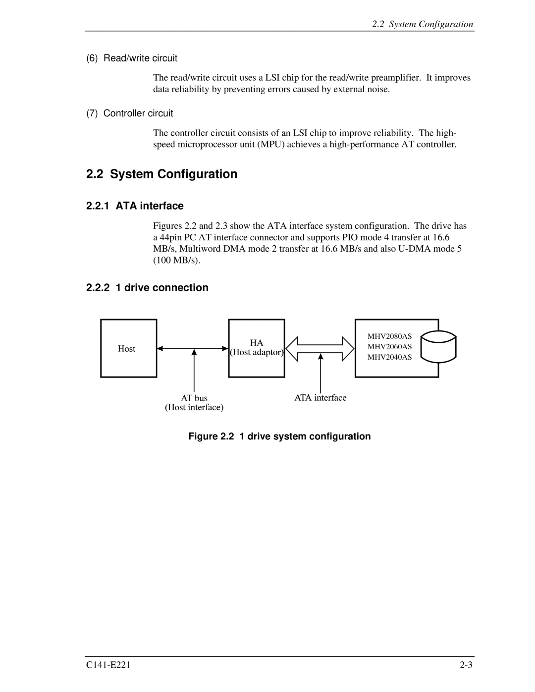 Fujitsu MHV2040AS manual System Configuration, ATA interface, 2 1 drive connection, Read/write circuit, Controller circuit 