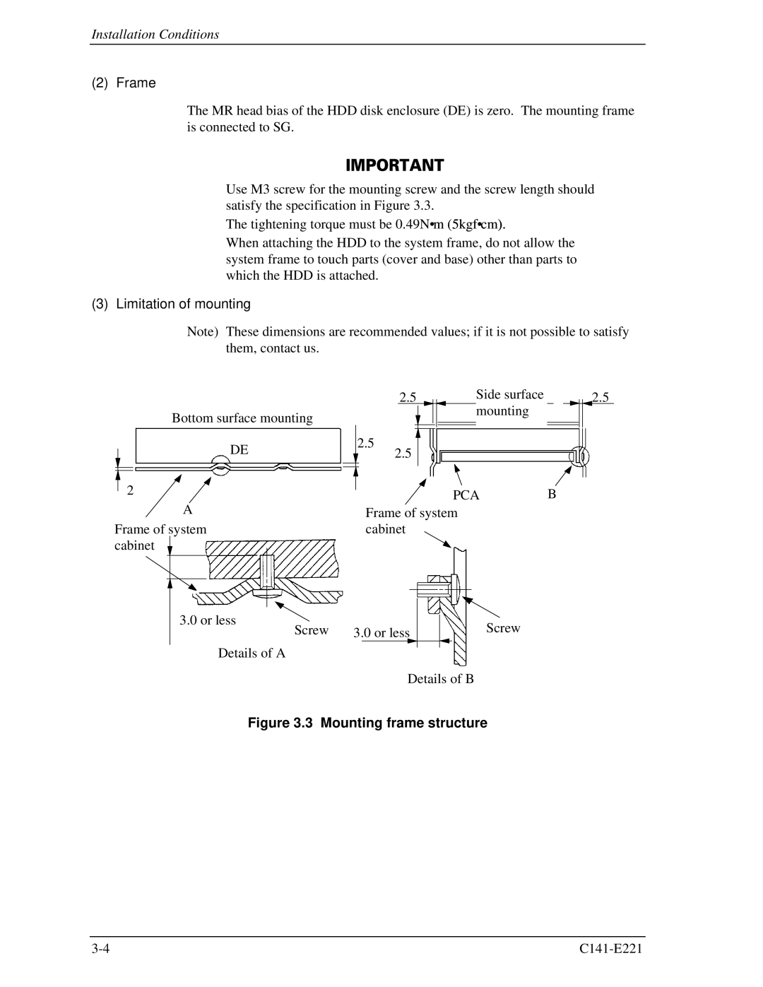 Fujitsu MHV2060AS, MHV2080AS, MHV2040AS manual Frame, Limitation of mounting, Pca 