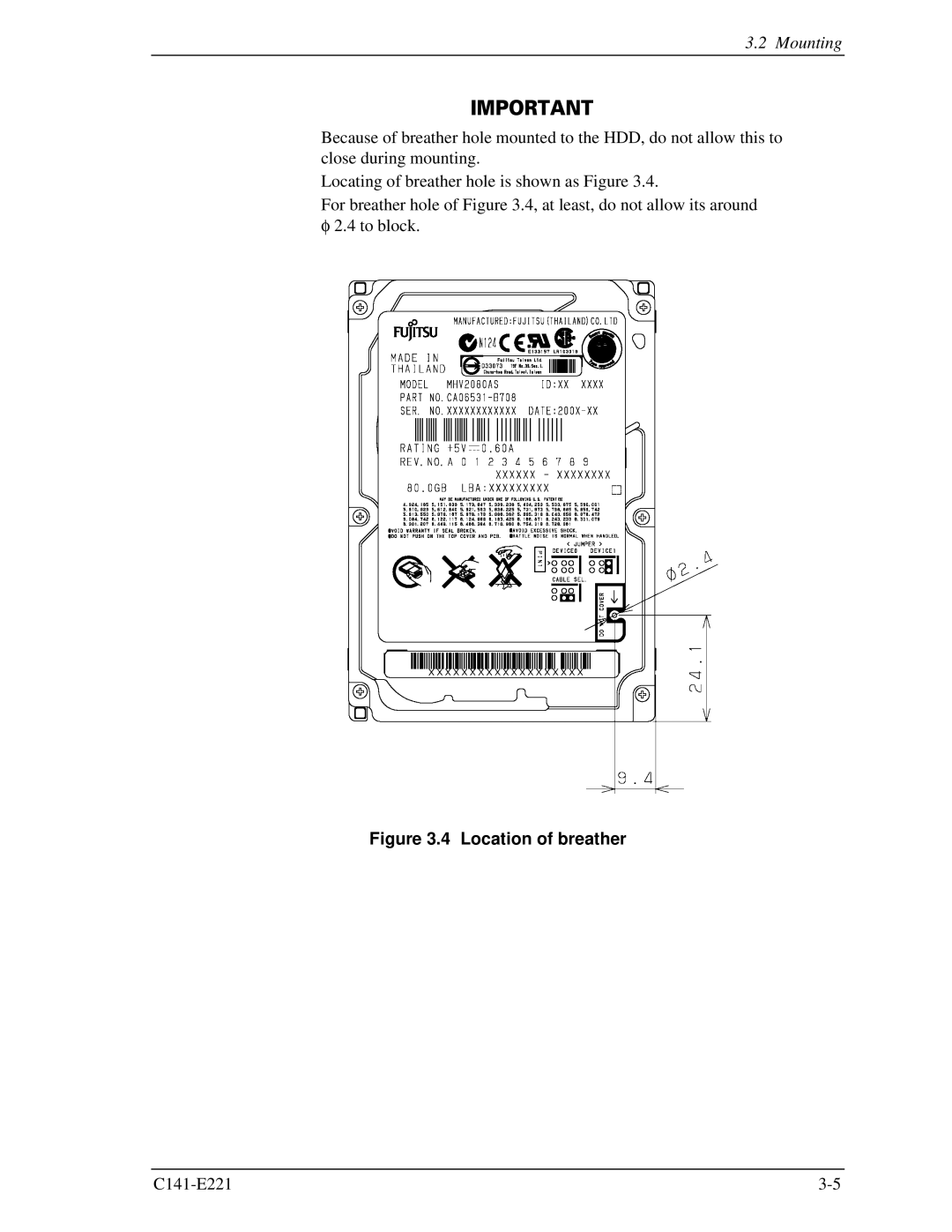 Fujitsu MHV2040AS, MHV2080AS, MHV2060AS manual Location of breather 