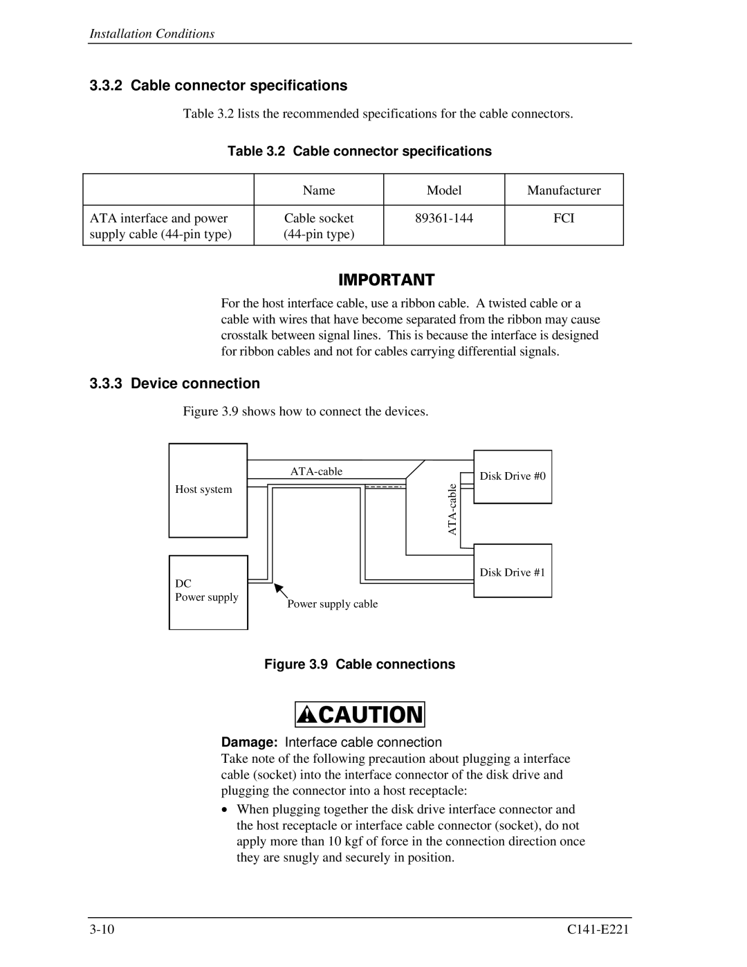 Fujitsu MHV2060AS, MHV2080AS, MHV2040AS manual Cable connector specifications, Device connection, Fci 