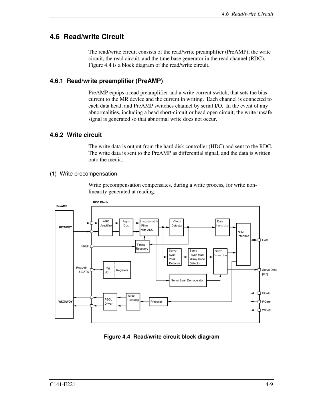 Fujitsu MHV2040AS, MHV2080AS manual Read/write Circuit, Read/write preamplifier PreAMP, Write circuit, Write precompensation 