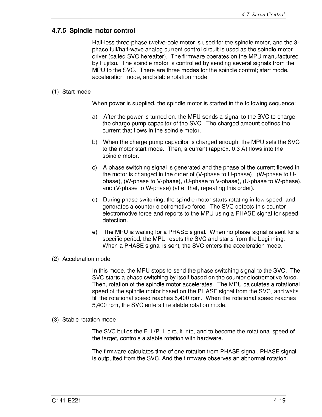 Fujitsu MHV2080AS, MHV2060AS, MHV2040AS manual Spindle motor control, Start mode, Acceleration mode, Stable rotation mode 