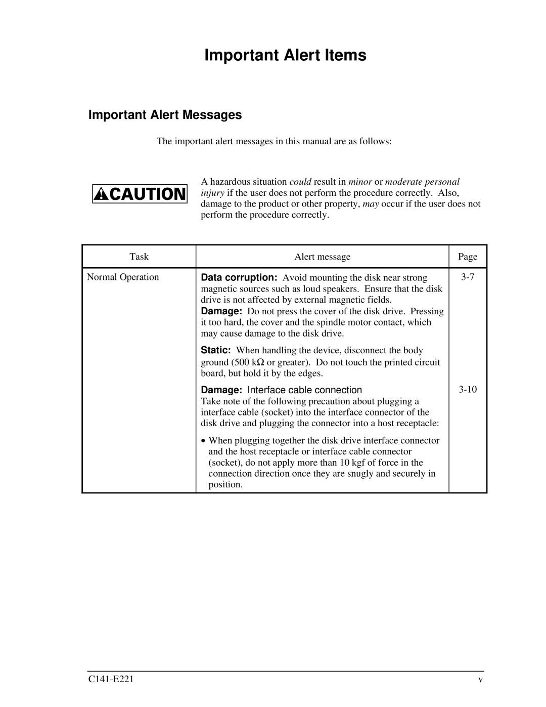 Fujitsu MHV2080AS, MHV2060AS, MHV2040AS Important Alert Items, Important Alert Messages, Damage Interface cable connection 