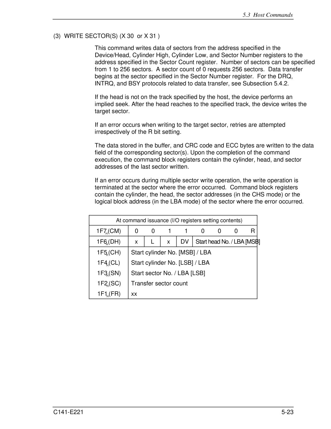 Fujitsu MHV2080AS, MHV2060AS, MHV2040AS manual Write Sectors X’30’ or X’31’ 