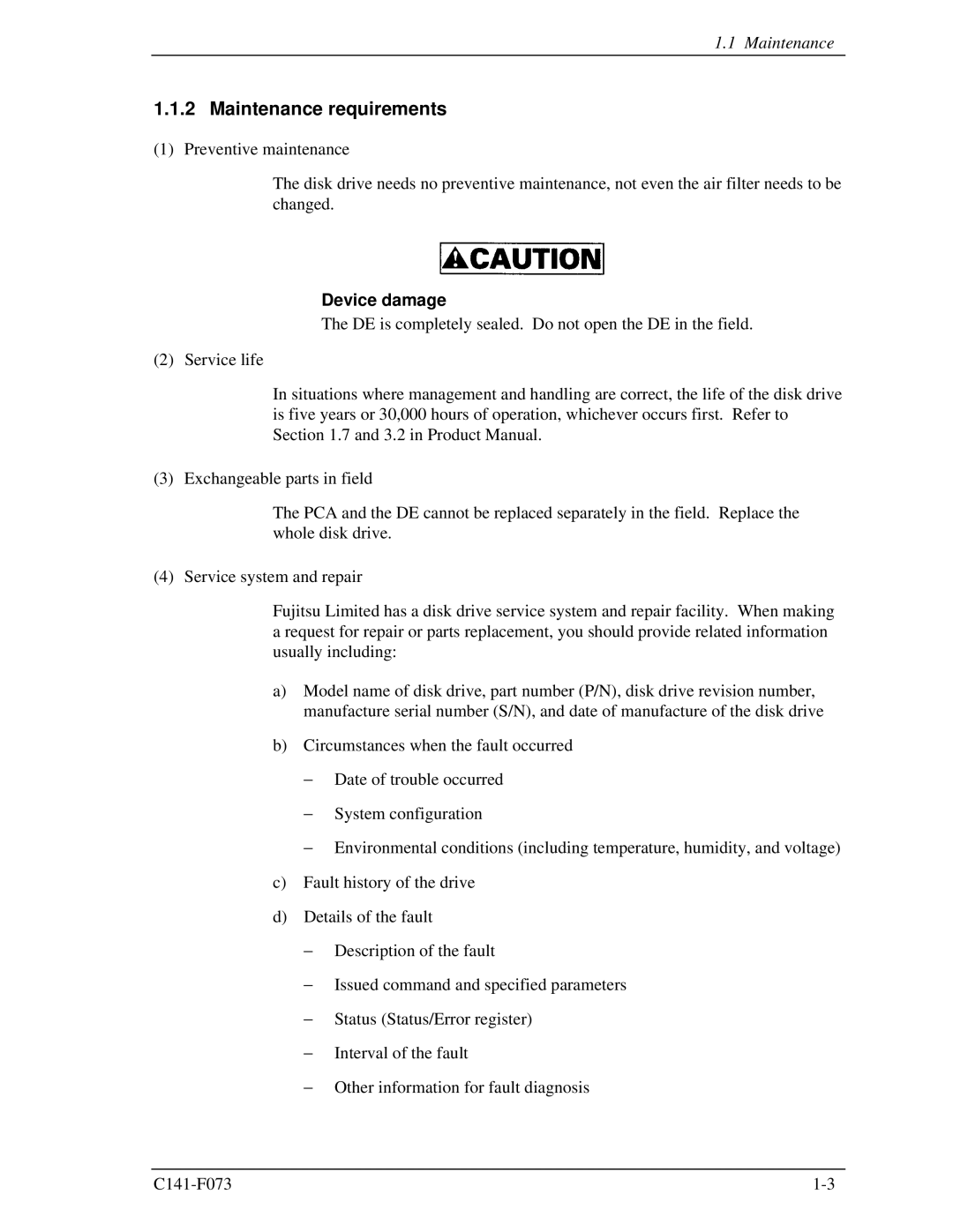 Fujitsu MHV2040AS, MHV2080AS, MHV2060AS manual Maintenance requirements 