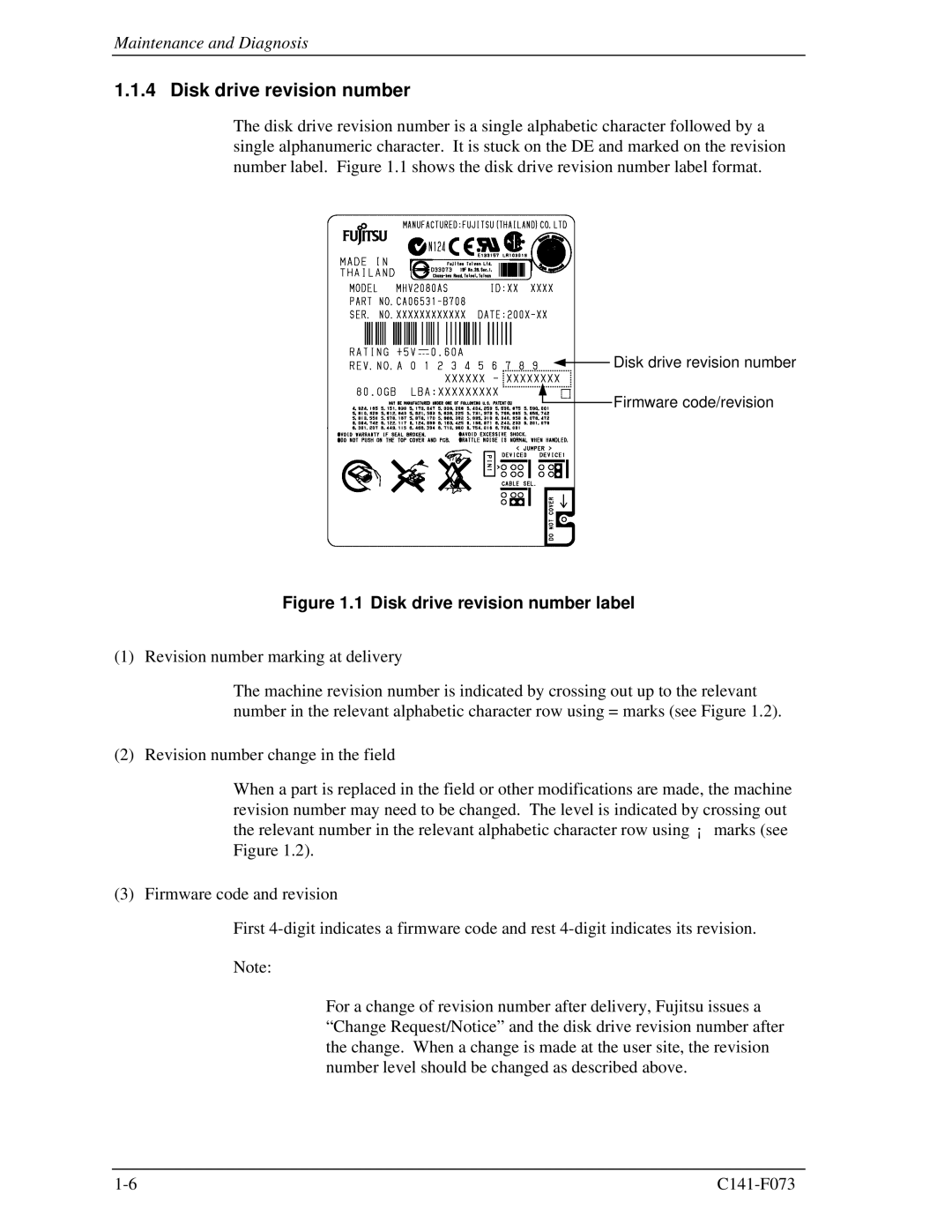 Fujitsu MHV2040AS, MHV2080AS, MHV2060AS manual Disk drive revision number label 