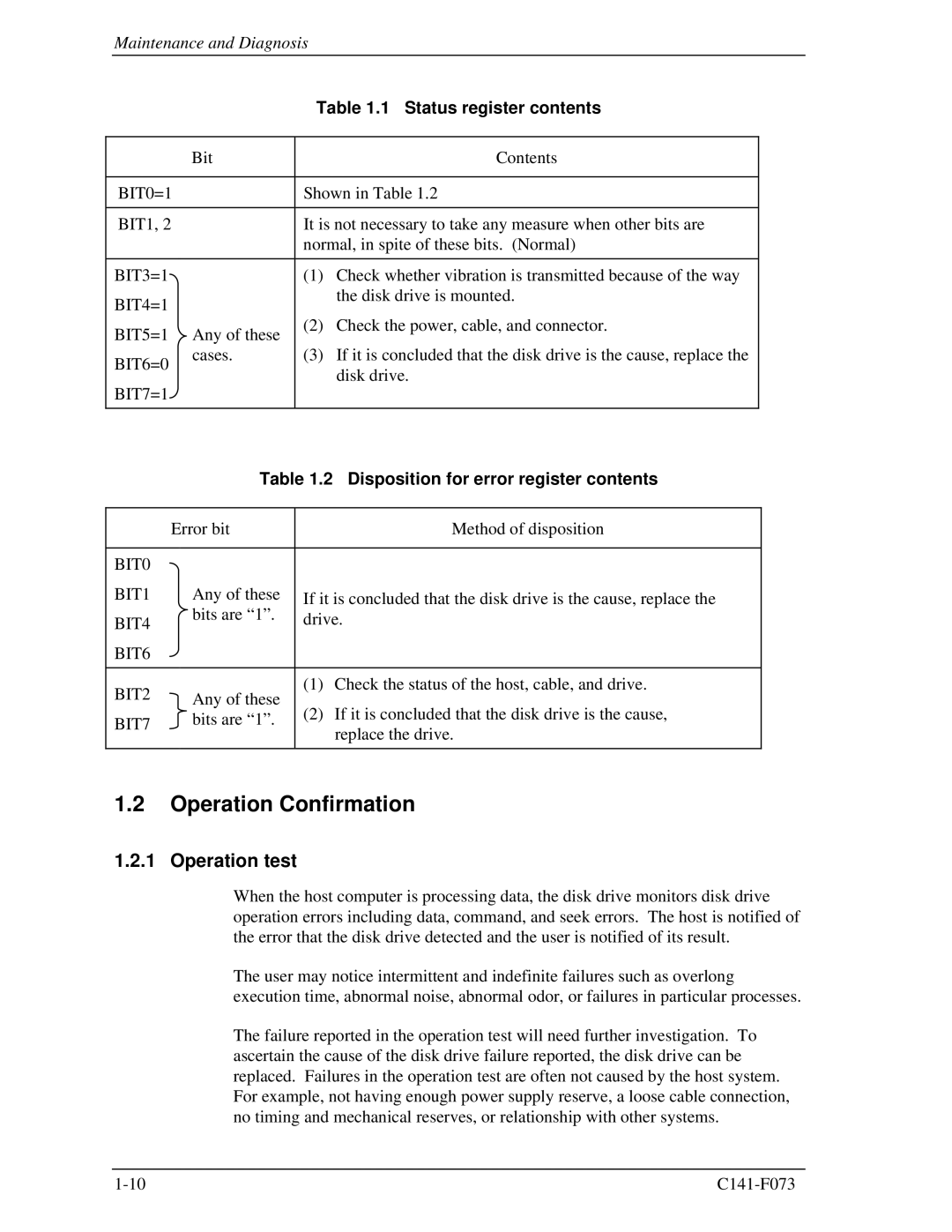 Fujitsu MHV2080AS, MHV2060AS, MHV2040AS manual Operation Confirmation, Operation test, Status register contents 