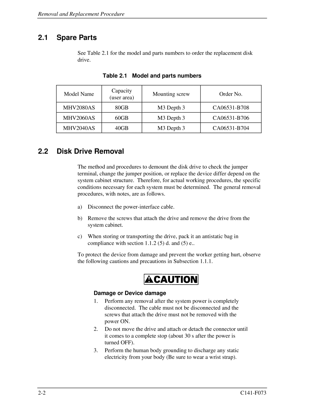 Fujitsu MHV2080AS, MHV2060AS, MHV2040AS manual Spare Parts, Disk Drive Removal, Model and parts numbers 