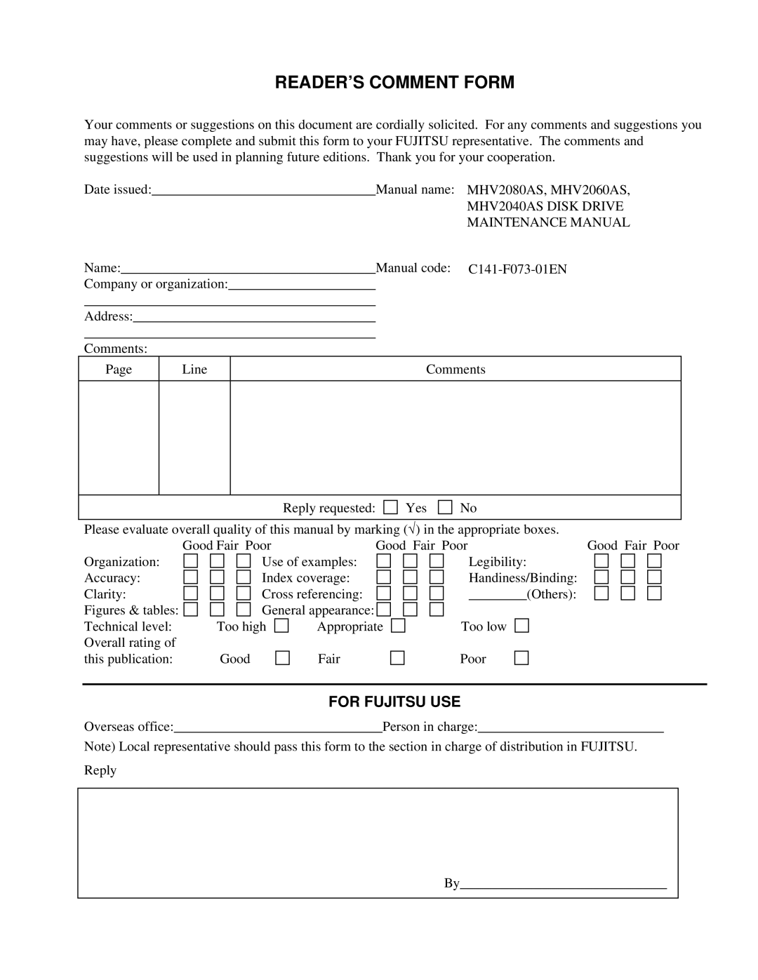 Fujitsu MHV2040AS, MHV2080AS, MHV2060AS manual READER’S Comment Form 