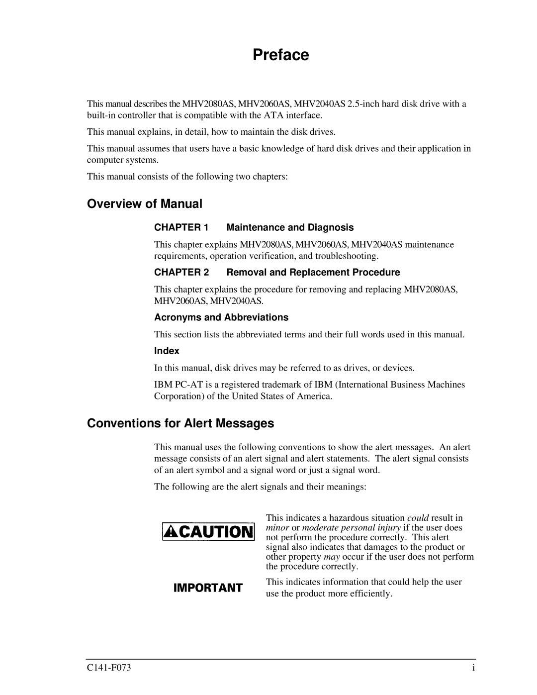 Fujitsu MHV2040AS, MHV2080AS, MHV2060AS manual Preface, Overview of Manual, Conventions for Alert Messages 