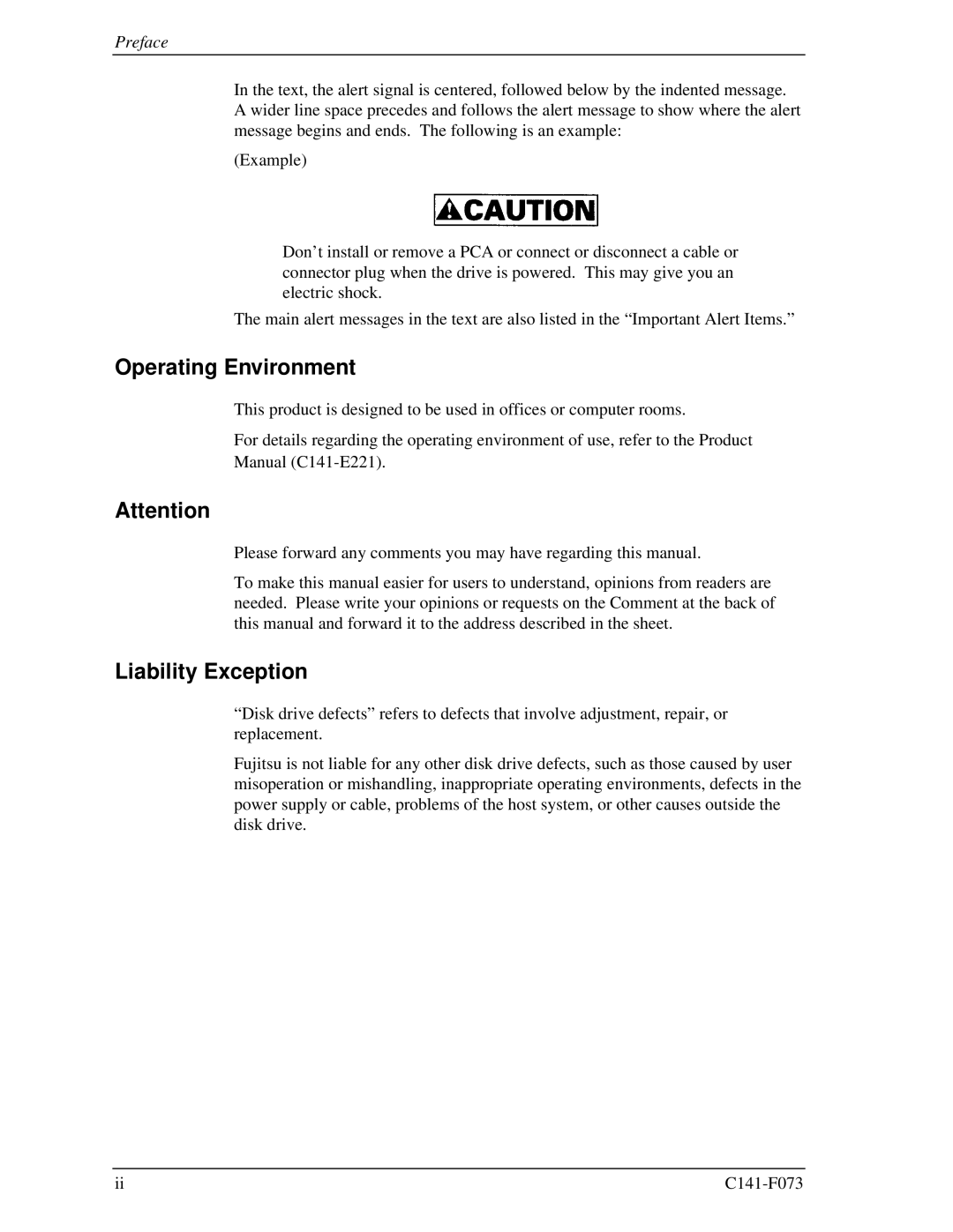 Fujitsu MHV2080AS, MHV2060AS, MHV2040AS manual Operating Environment, Liability Exception 