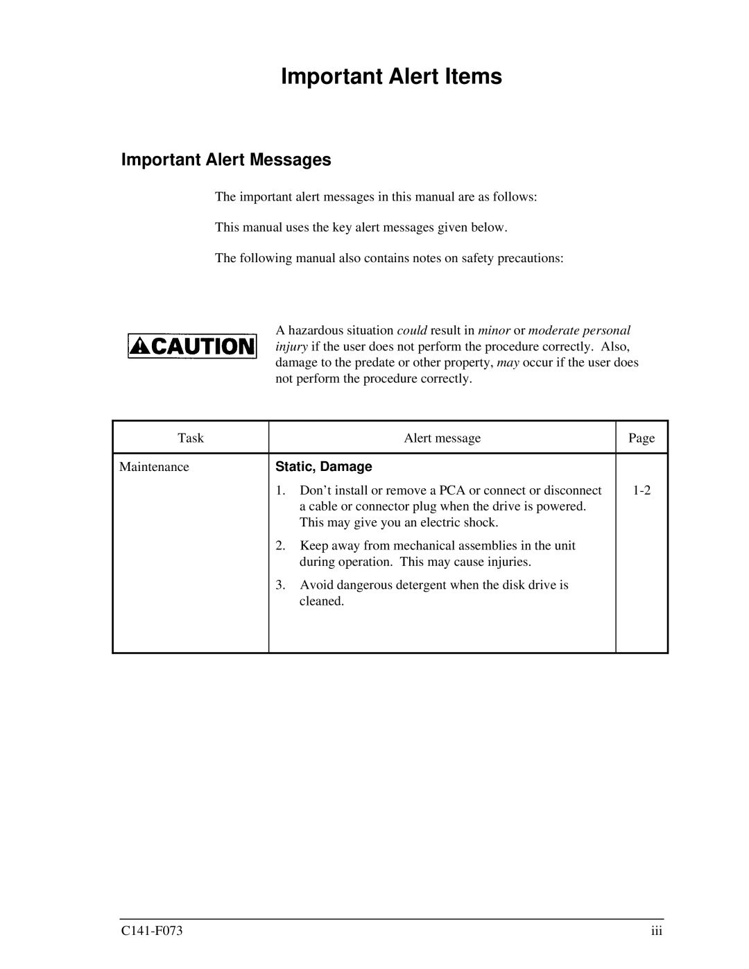 Fujitsu MHV2060AS, MHV2080AS, MHV2040AS manual Important Alert Items, Important Alert Messages, Static, Damage 