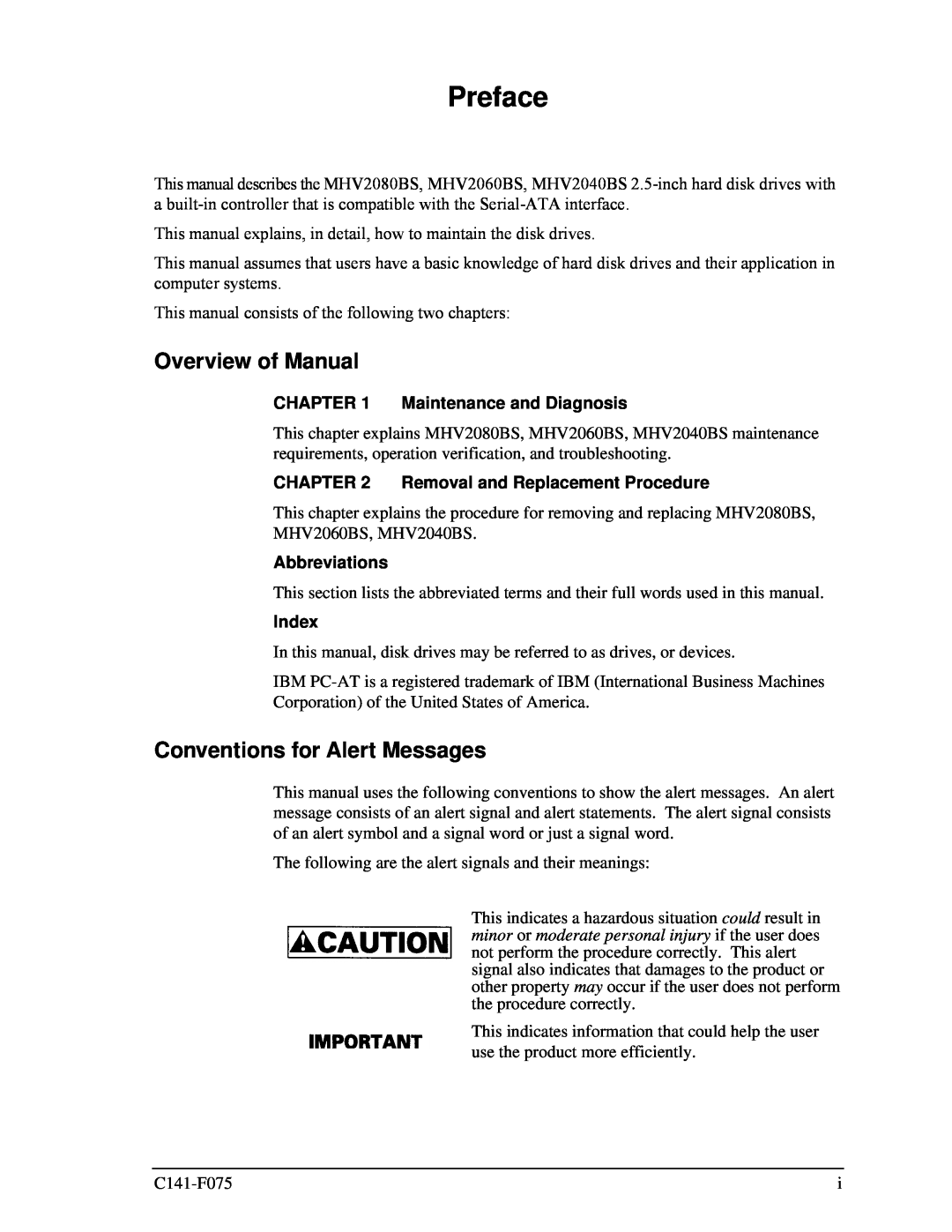 Fujitsu MHV2040BS Preface, Overview of Manual, Conventions for Alert Messages, Maintenance and Diagnosis, Abbreviations 