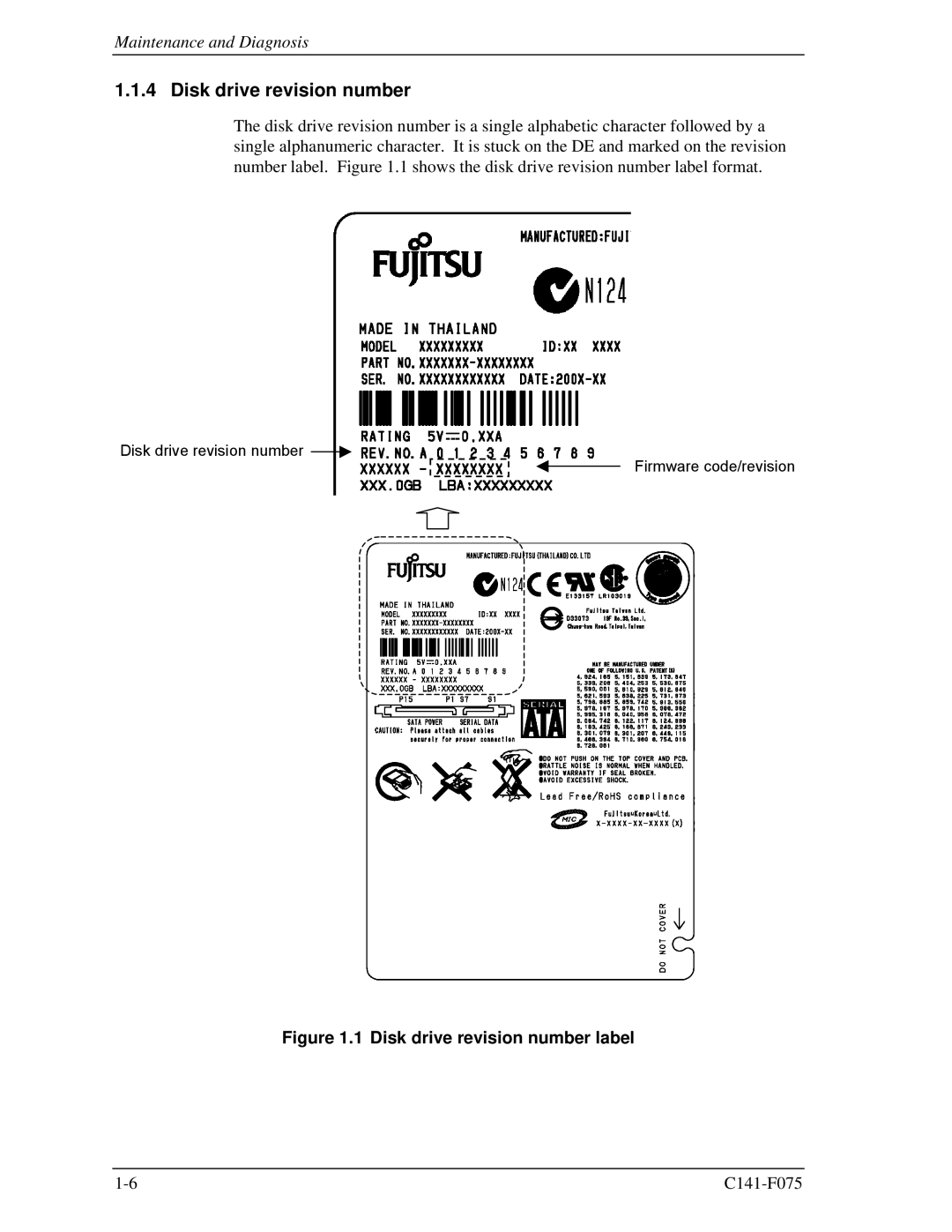 Fujitsu MHV2060BS, MHV2080BS, MHV2040BS manual Disk drive revision number label 