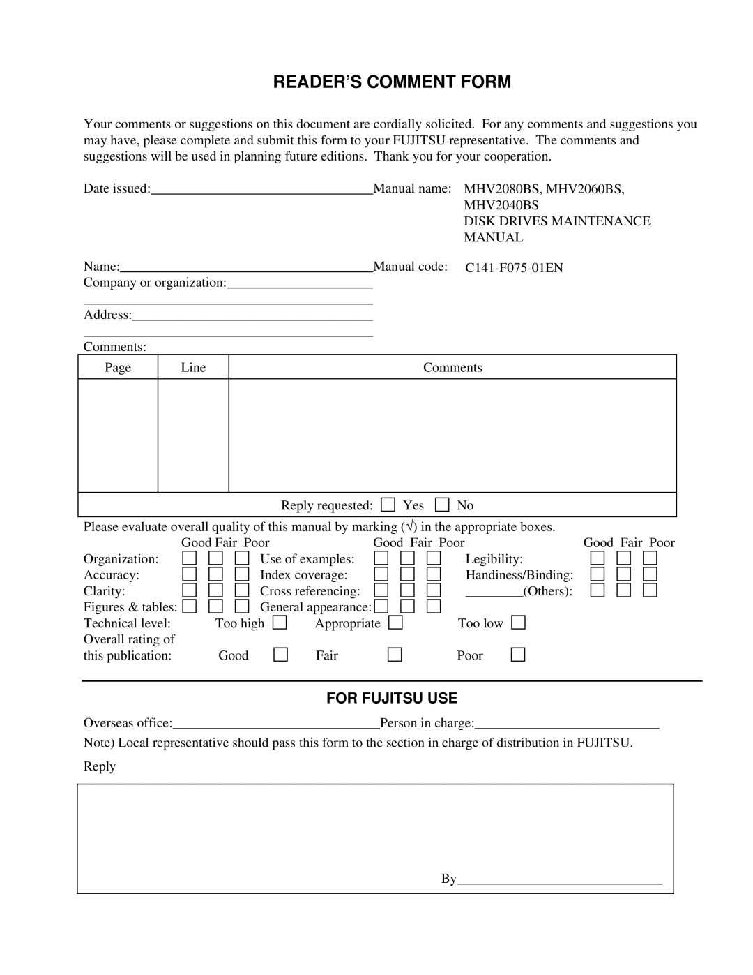 Fujitsu MHV2060BS, MHV2080BS, MHV2040BS manual READER’S Comment Form 